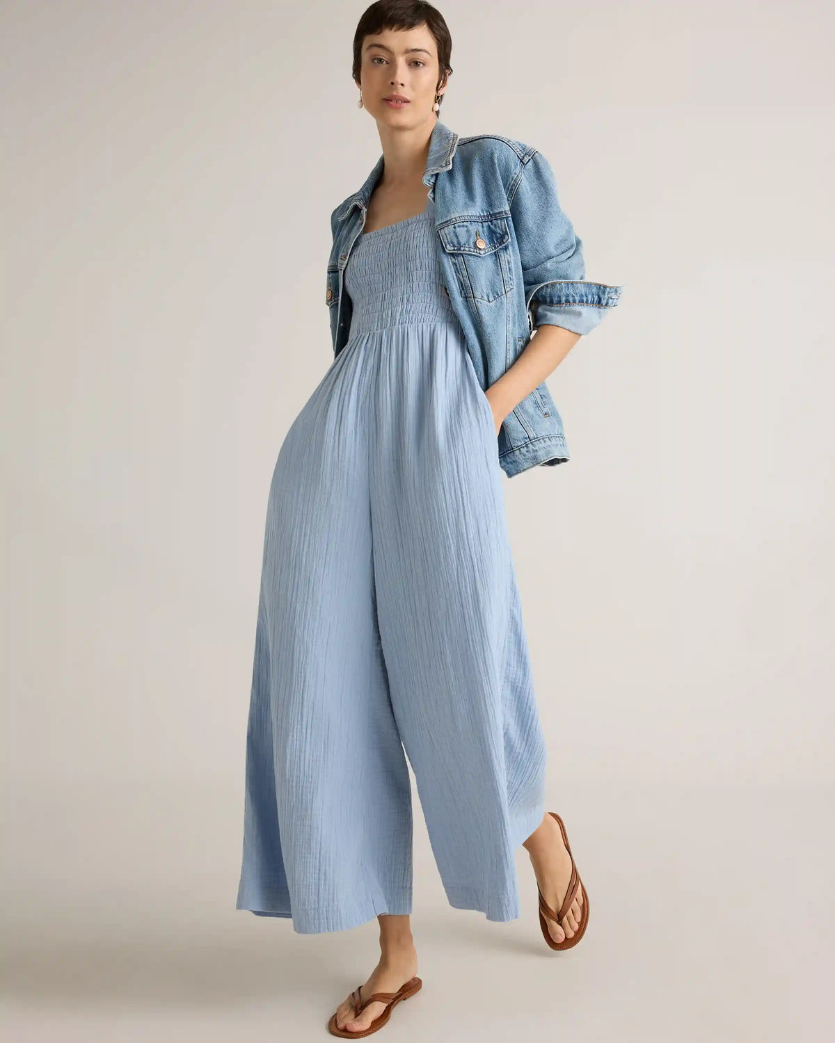 100% Organic Cotton Gauze Smocked Wide Leg Jumpsuit