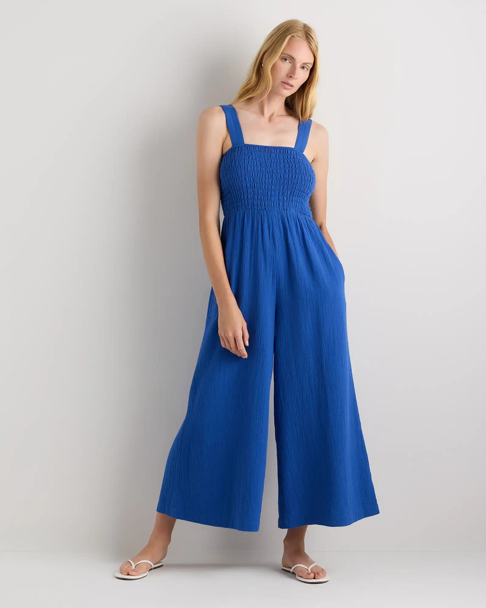 100% Organic Cotton Gauze Smocked Wide Leg Jumpsuit