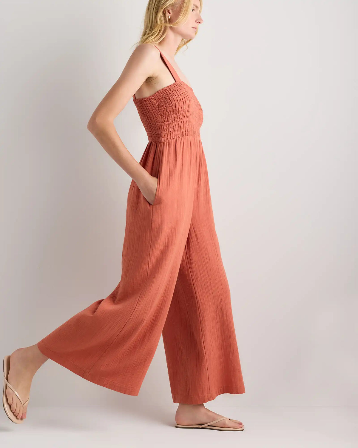 100% Organic Cotton Gauze Smocked Wide Leg Jumpsuit