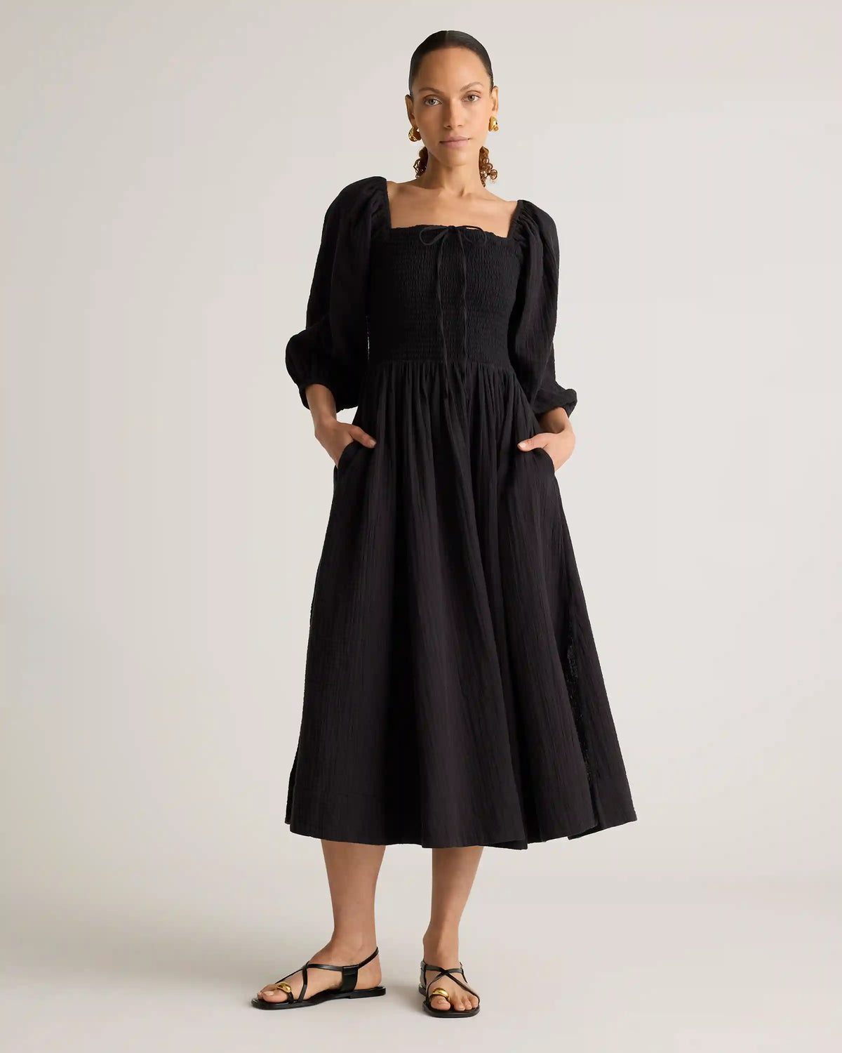 100% Organic Cotton Gauze Smocked Square Neck Midi Dress