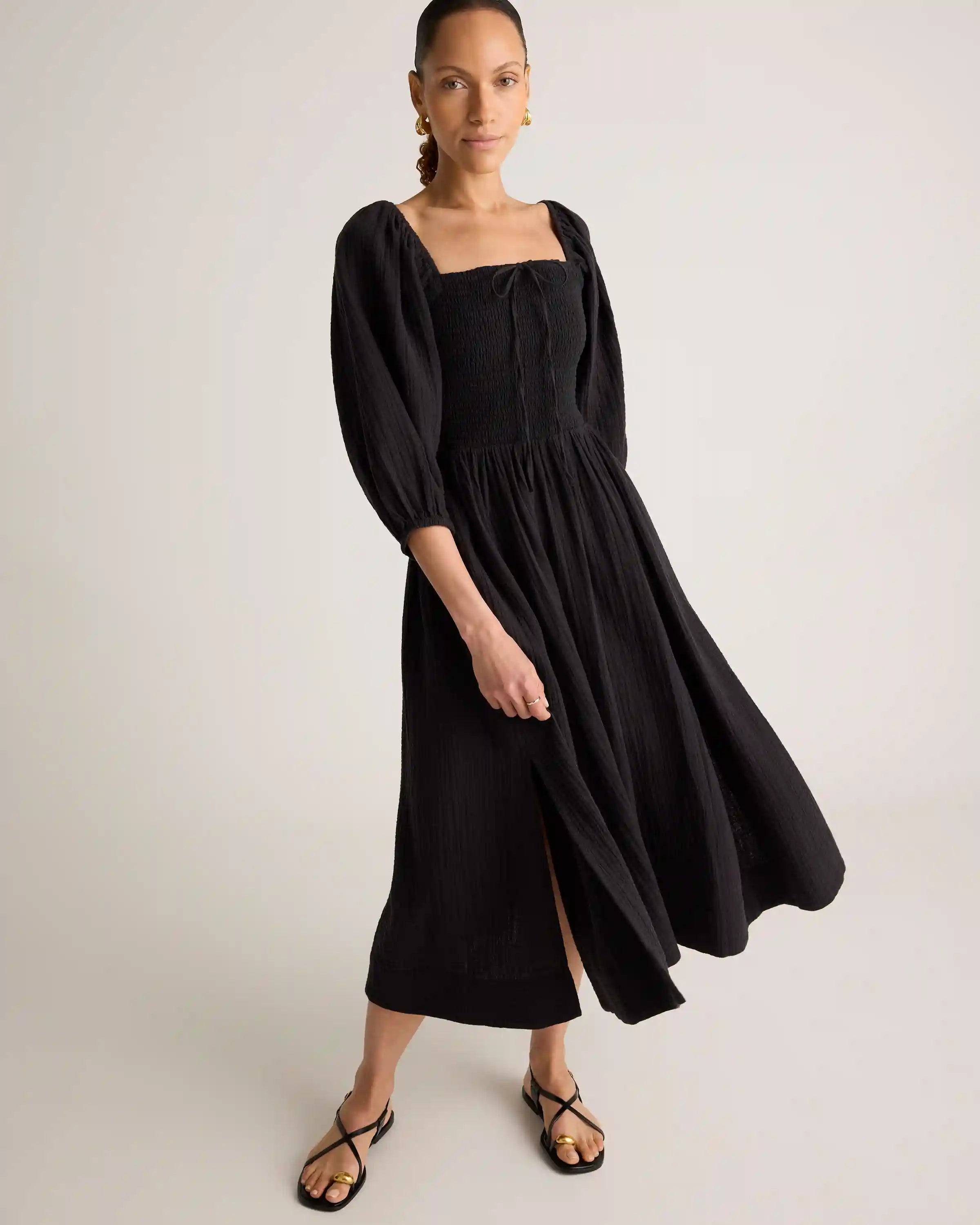 100% Organic Cotton Gauze Smocked Square Neck Midi Dress