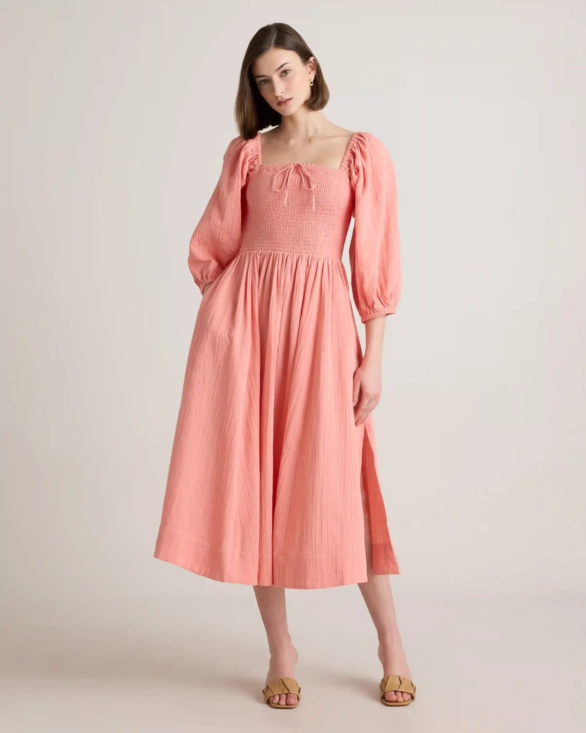 100% Organic Cotton Gauze Smocked Square Neck Midi Dress