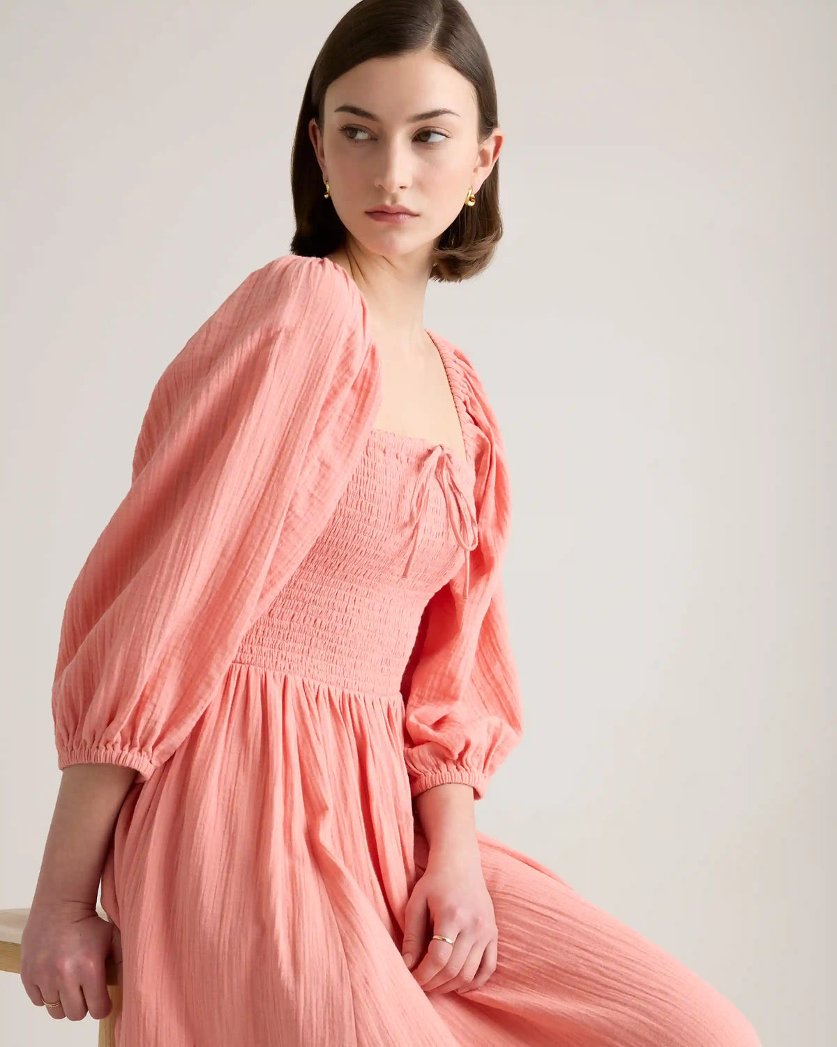 100% Organic Cotton Gauze Smocked Square Neck Midi Dress