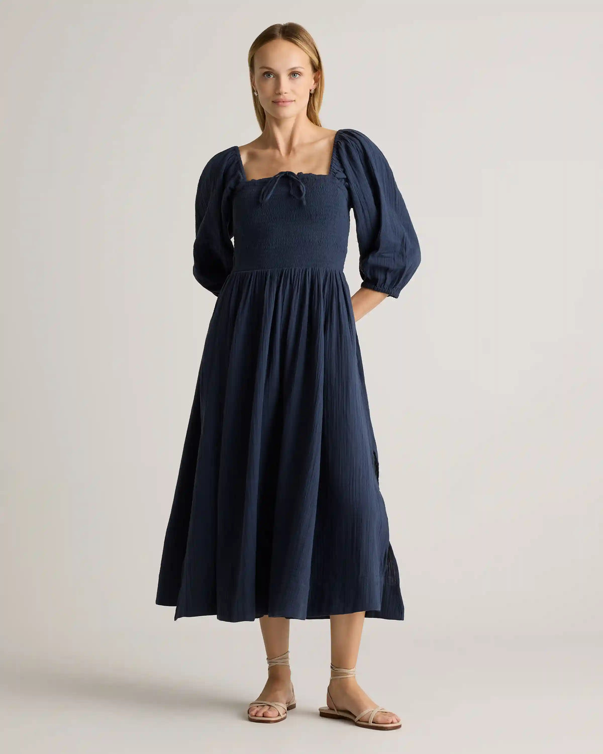 100% Organic Cotton Gauze Smocked Square Neck Midi Dress