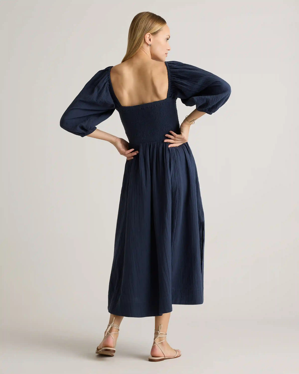 100% Organic Cotton Gauze Smocked Square Neck Midi Dress
