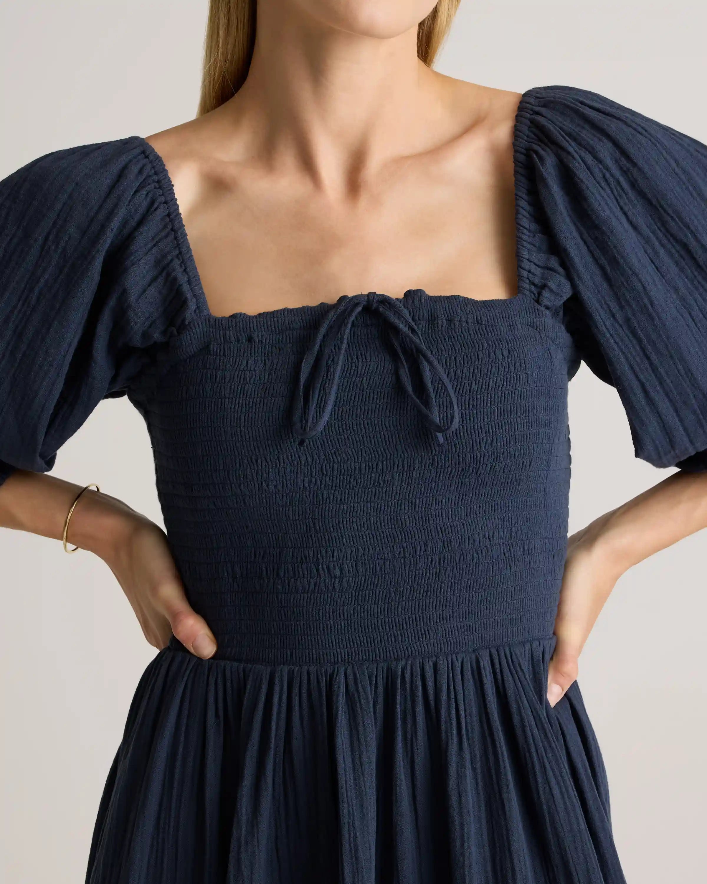 100% Organic Cotton Gauze Smocked Square Neck Midi Dress