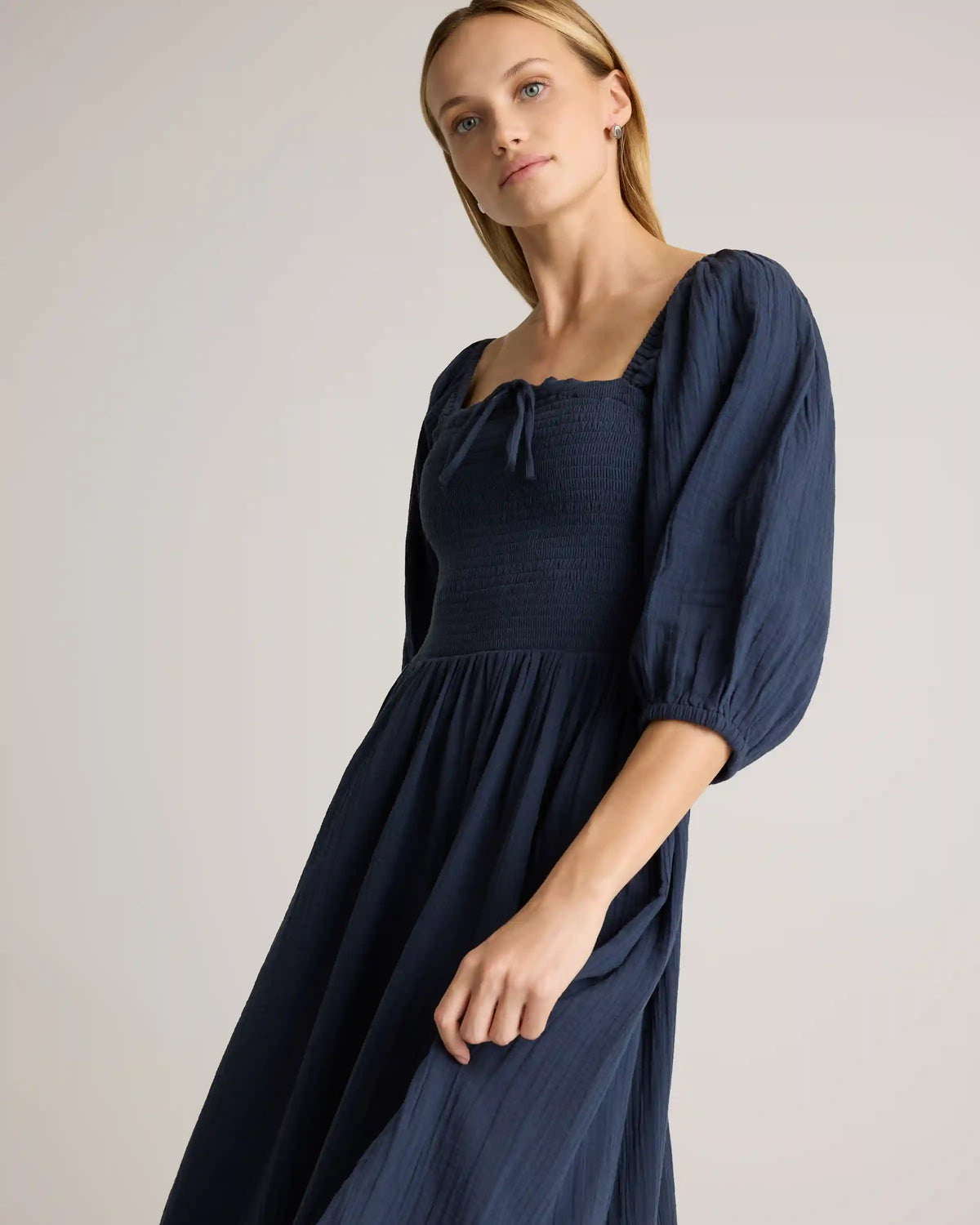 100% Organic Cotton Gauze Smocked Square Neck Midi Dress