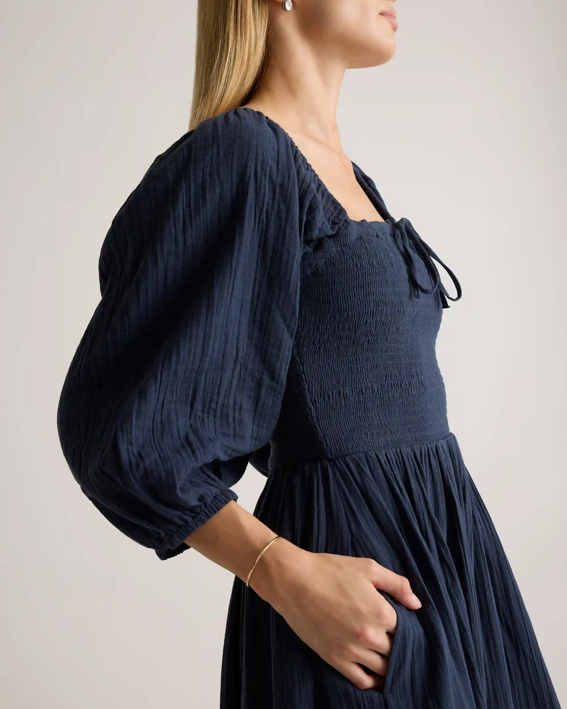 100% Organic Cotton Gauze Smocked Square Neck Midi Dress