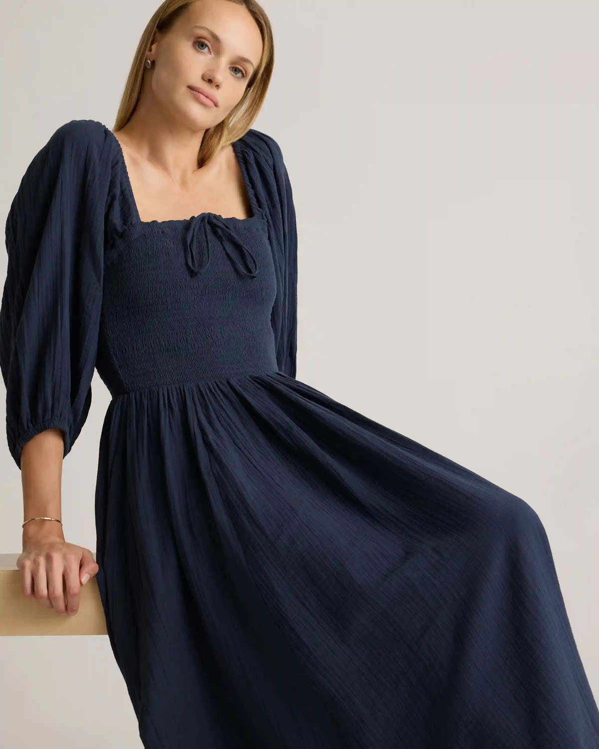 100% Organic Cotton Gauze Smocked Square Neck Midi Dress