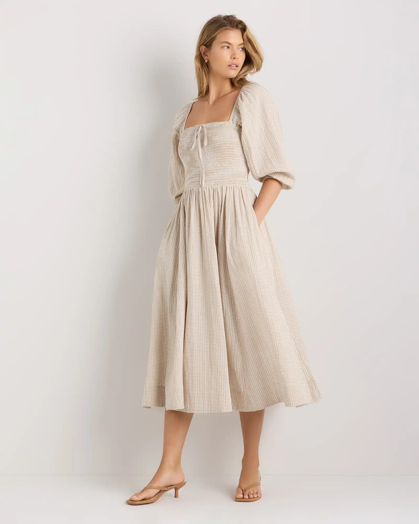 100% Organic Cotton Gauze Smocked Square Neck Midi Dress