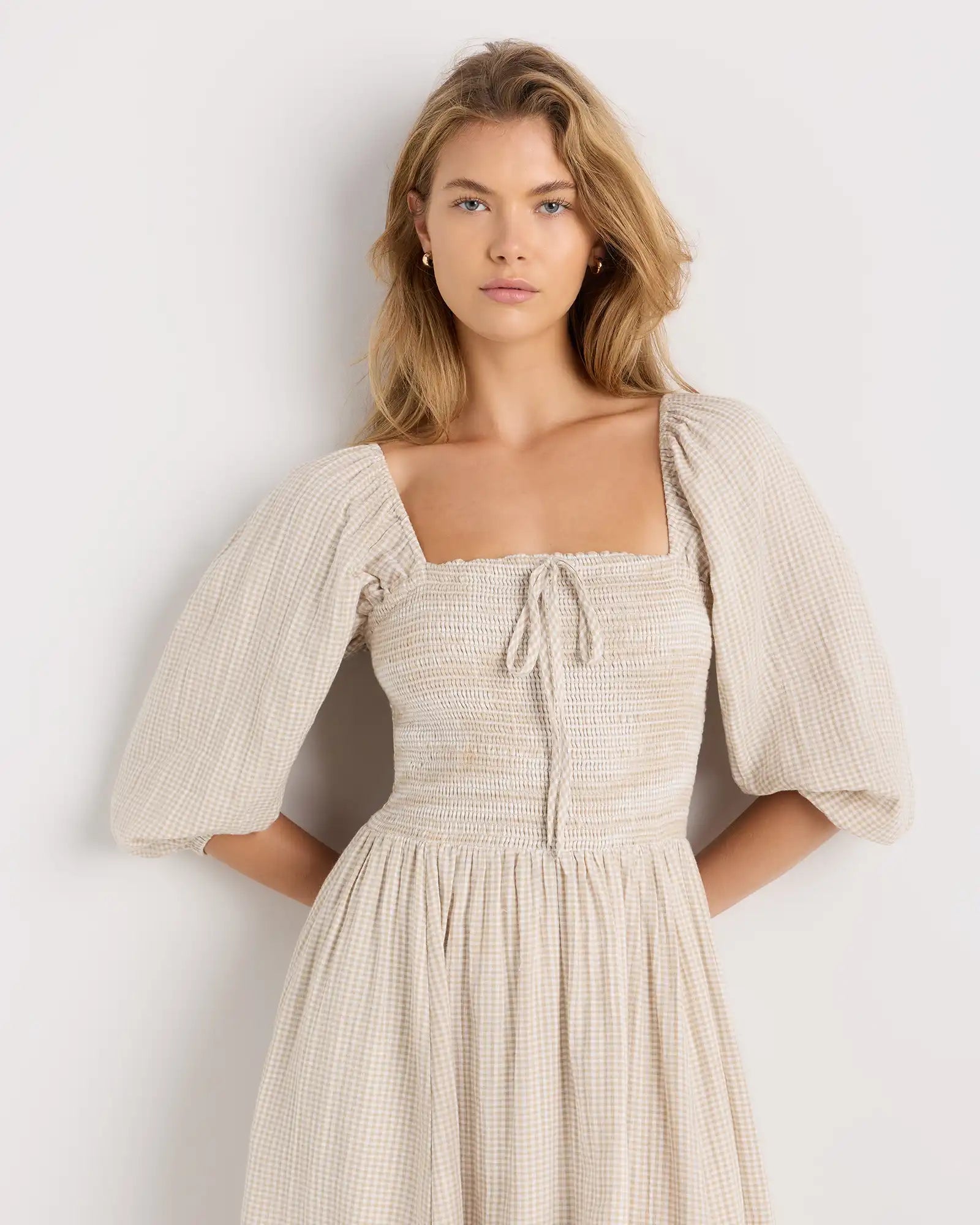100% Organic Cotton Gauze Smocked Square Neck Midi Dress