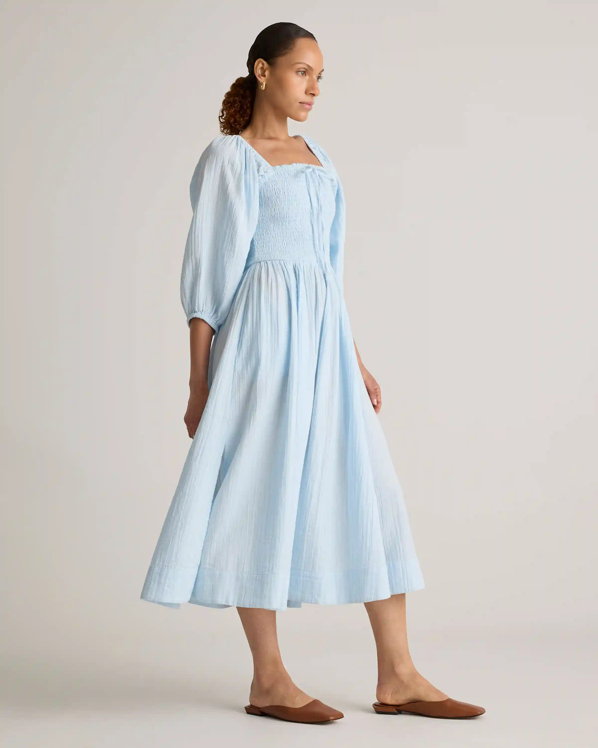 100% Organic Cotton Gauze Smocked Square Neck Midi Dress