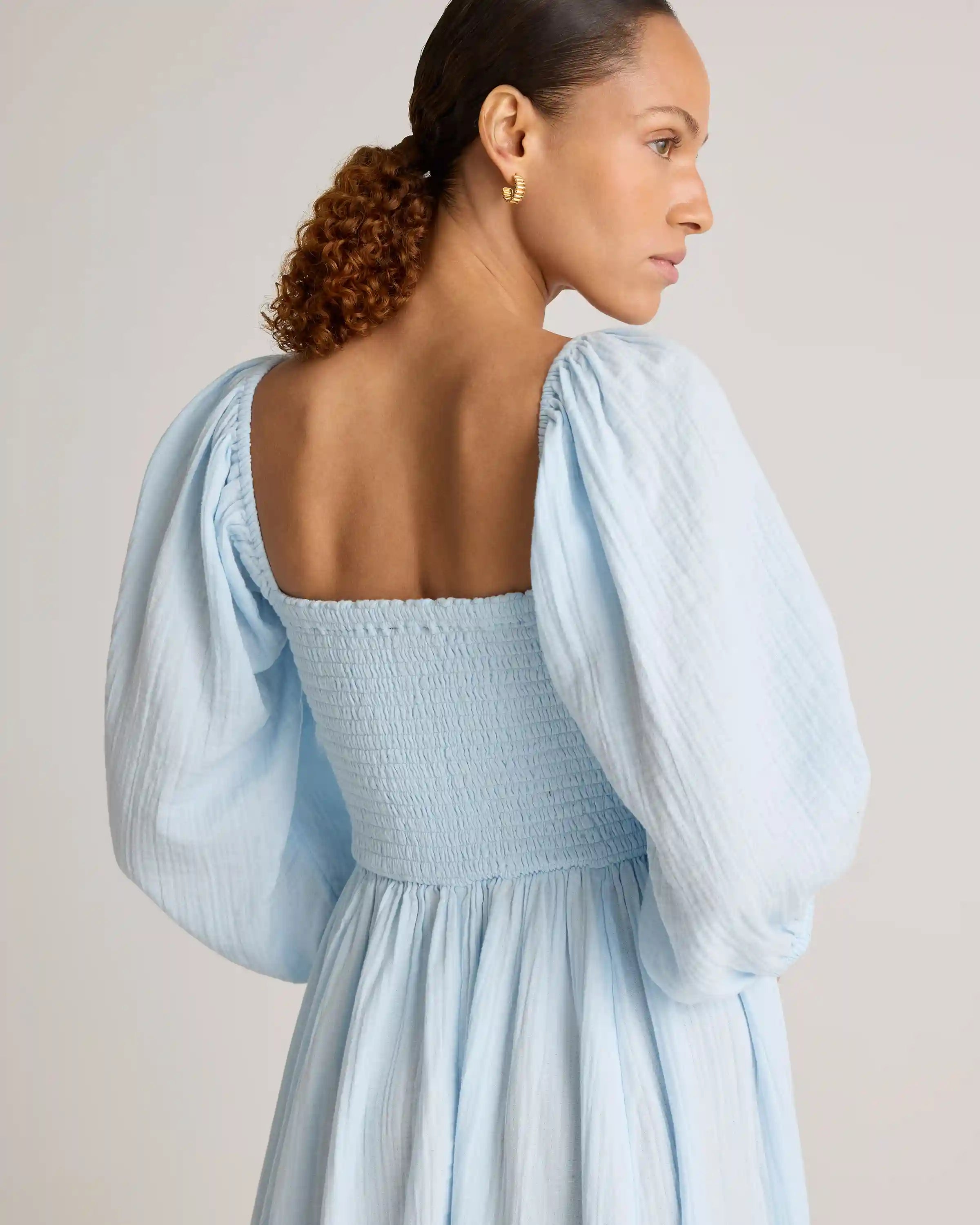 100% Organic Cotton Gauze Smocked Square Neck Midi Dress