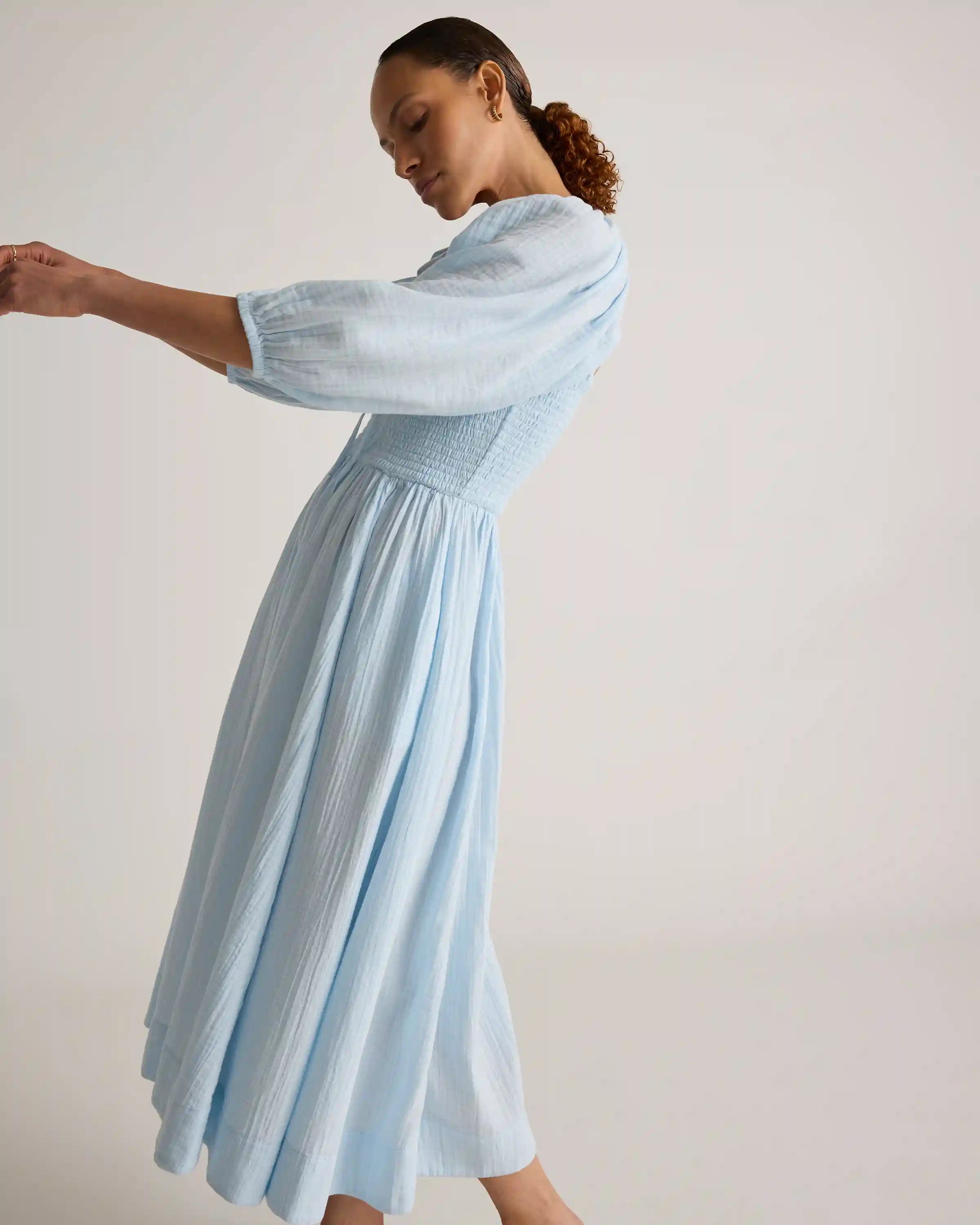 100% Organic Cotton Gauze Smocked Square Neck Midi Dress