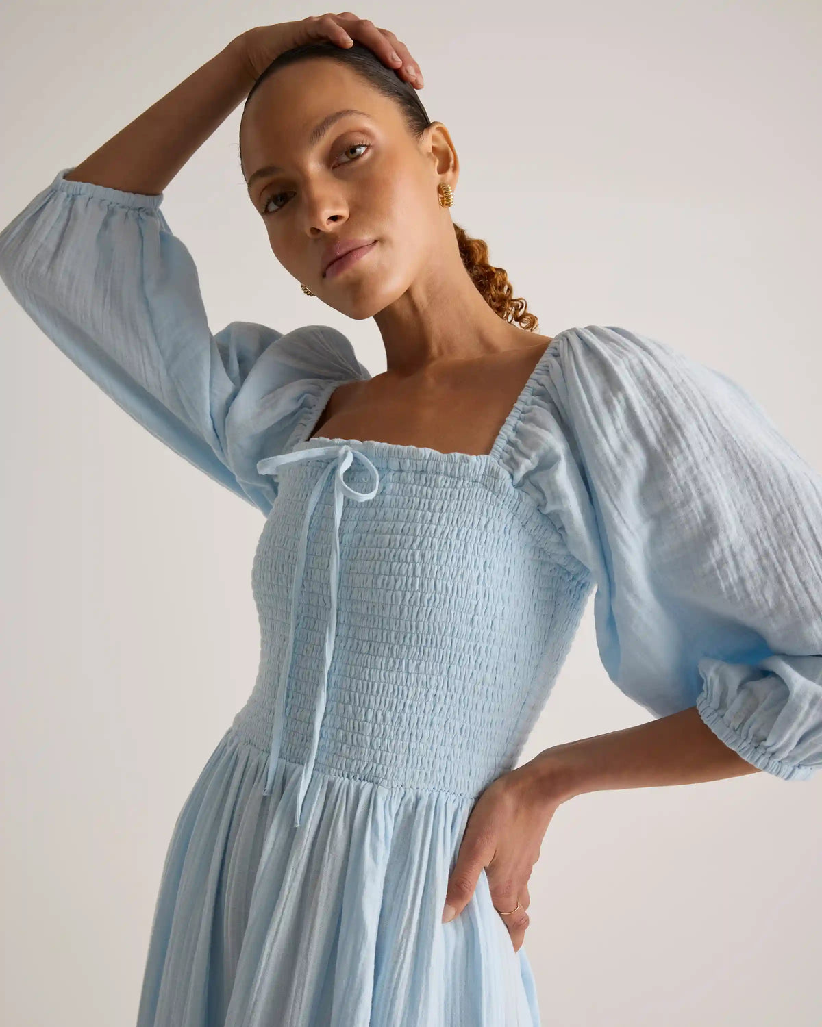 100% Organic Cotton Gauze Smocked Square Neck Midi Dress