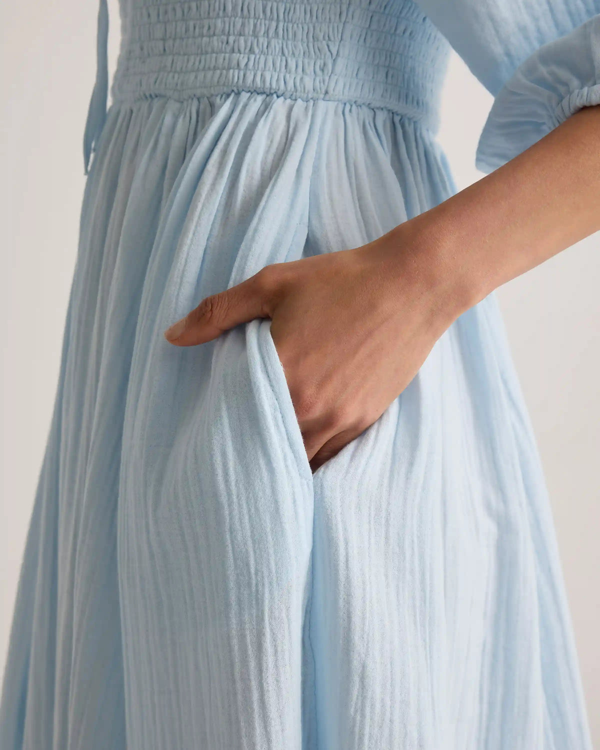 100% Organic Cotton Gauze Smocked Square Neck Midi Dress
