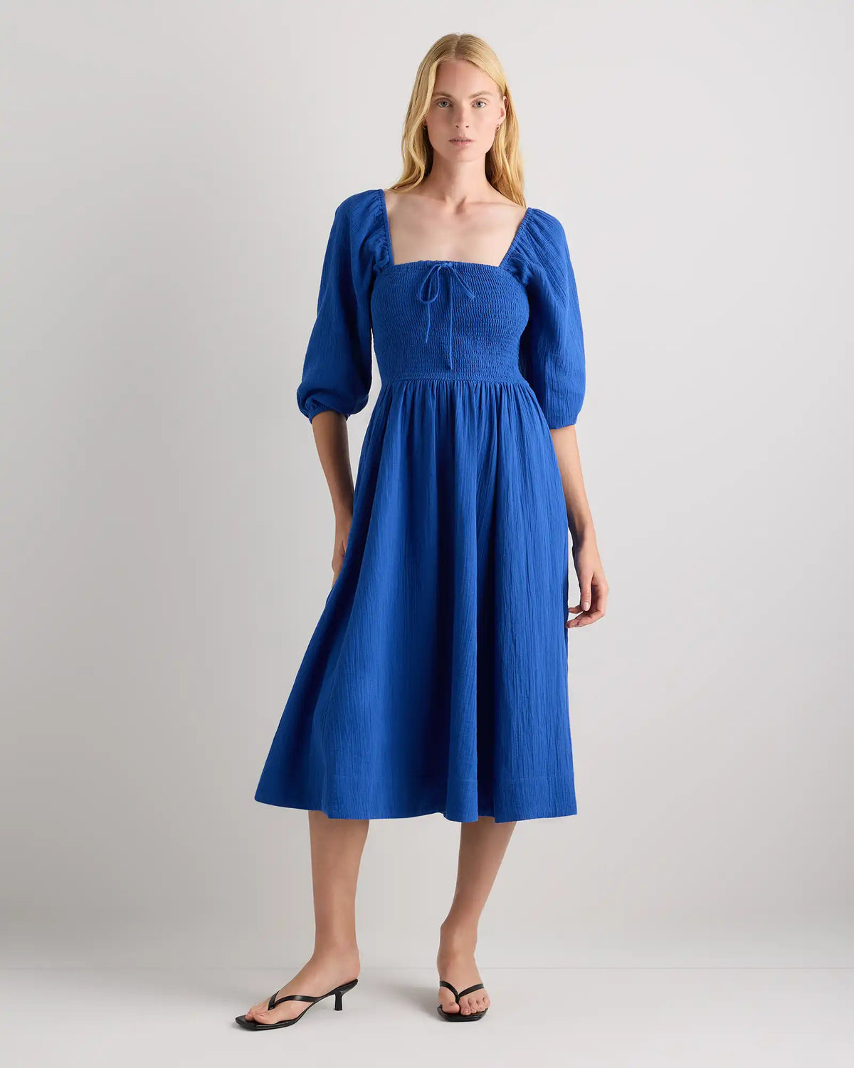 100% Organic Cotton Gauze Smocked Square Neck Midi Dress