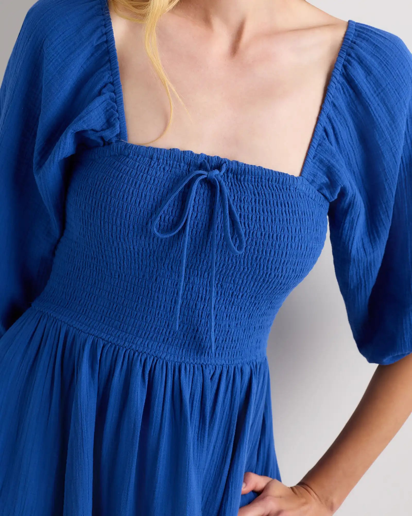 100% Organic Cotton Gauze Smocked Square Neck Midi Dress