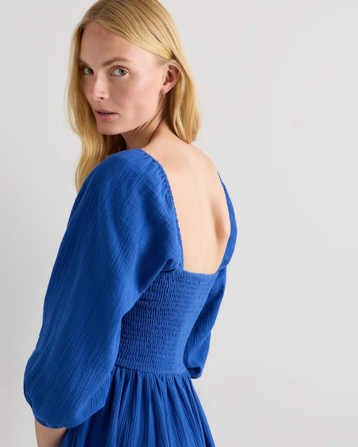 100% Organic Cotton Gauze Smocked Square Neck Midi Dress