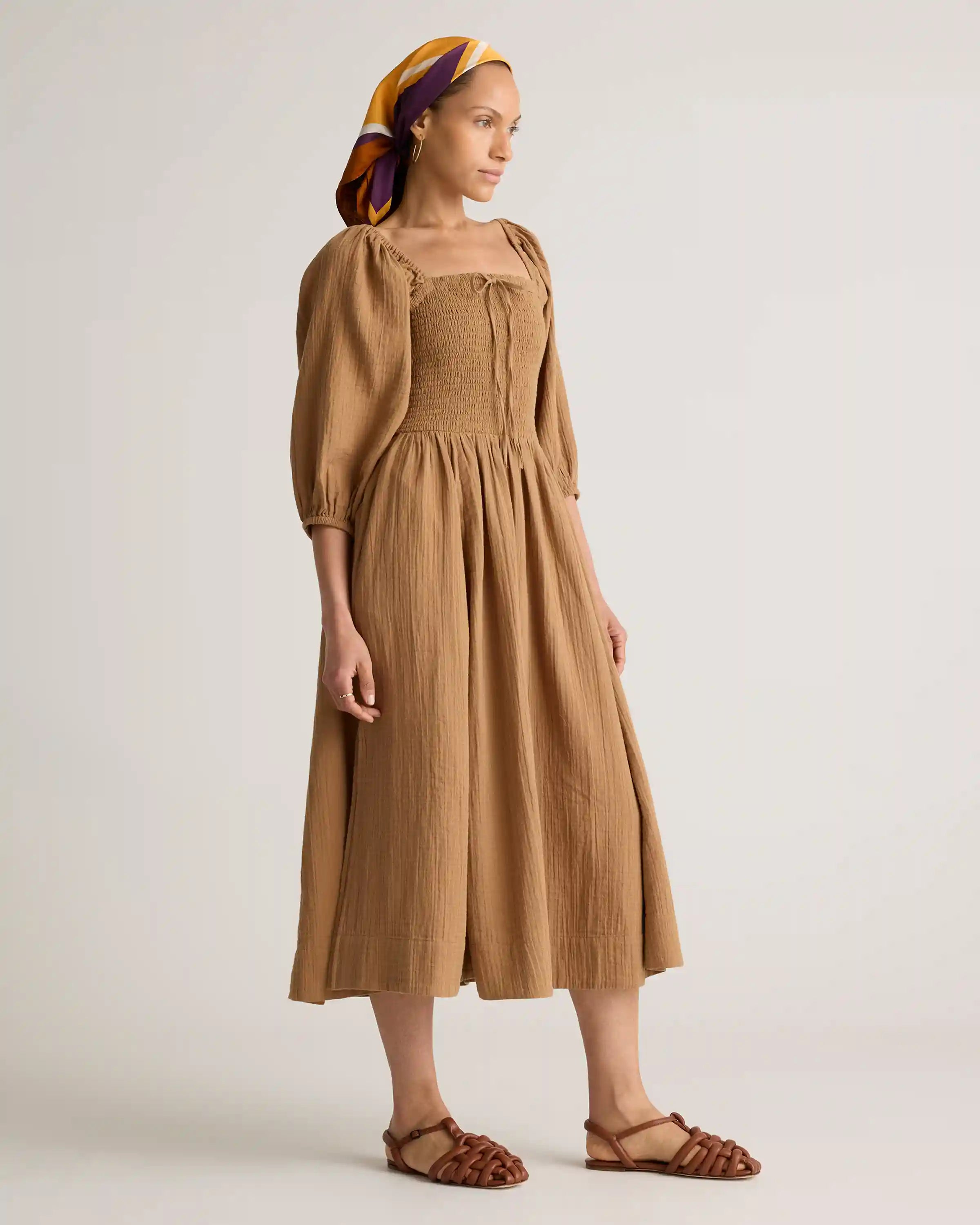 100% Organic Cotton Gauze Smocked Square Neck Midi Dress