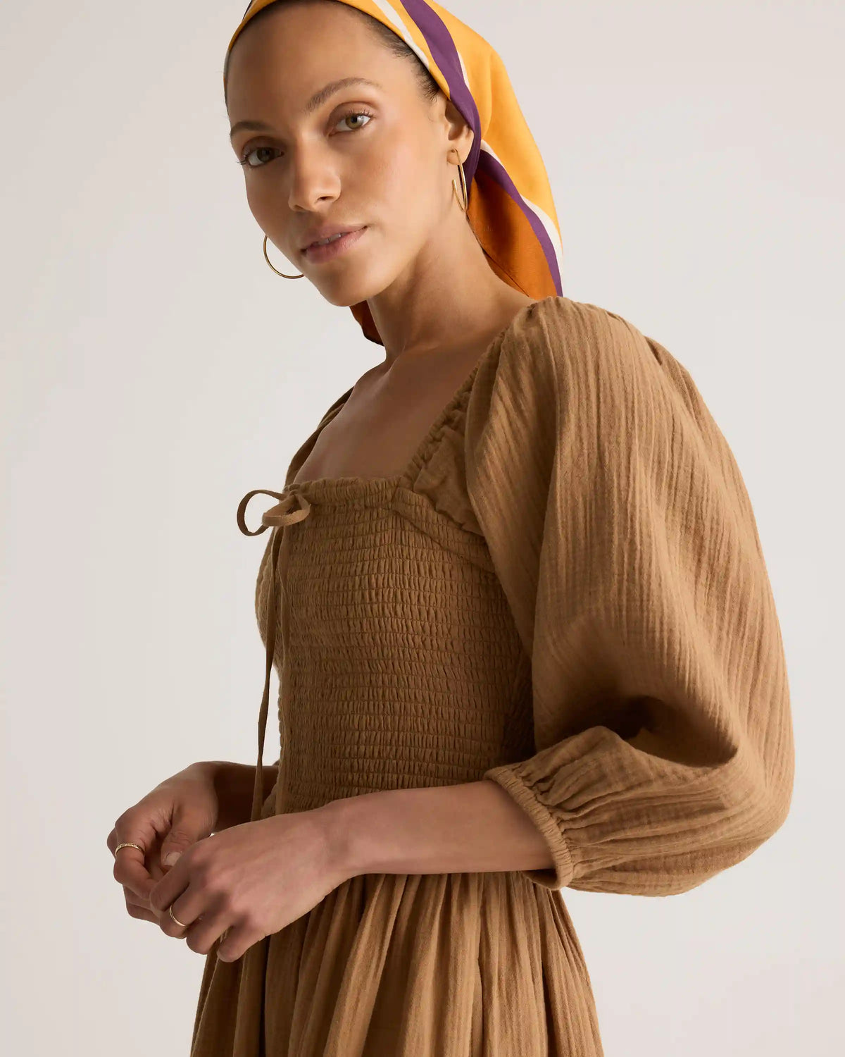 100% Organic Cotton Gauze Smocked Square Neck Midi Dress