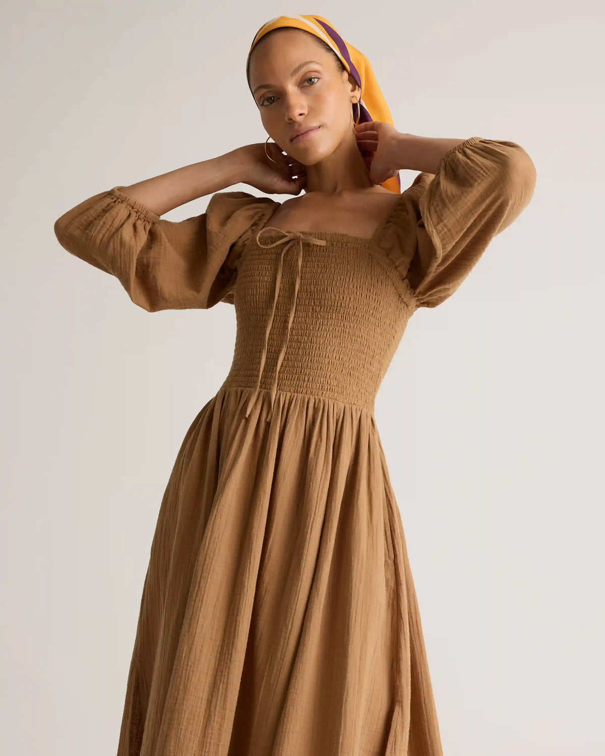 100% Organic Cotton Gauze Smocked Square Neck Midi Dress