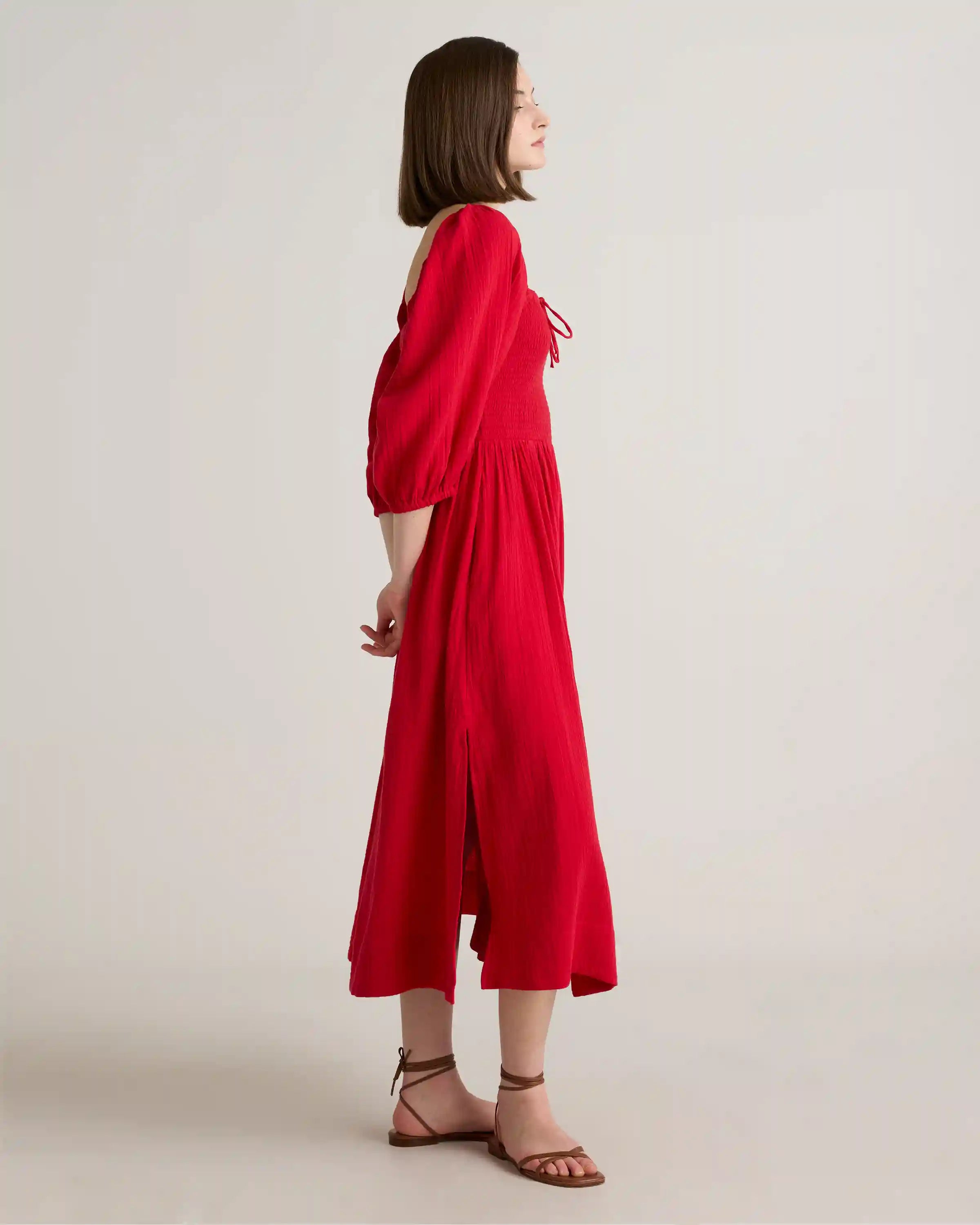 100% Organic Cotton Gauze Smocked Square Neck Midi Dress
