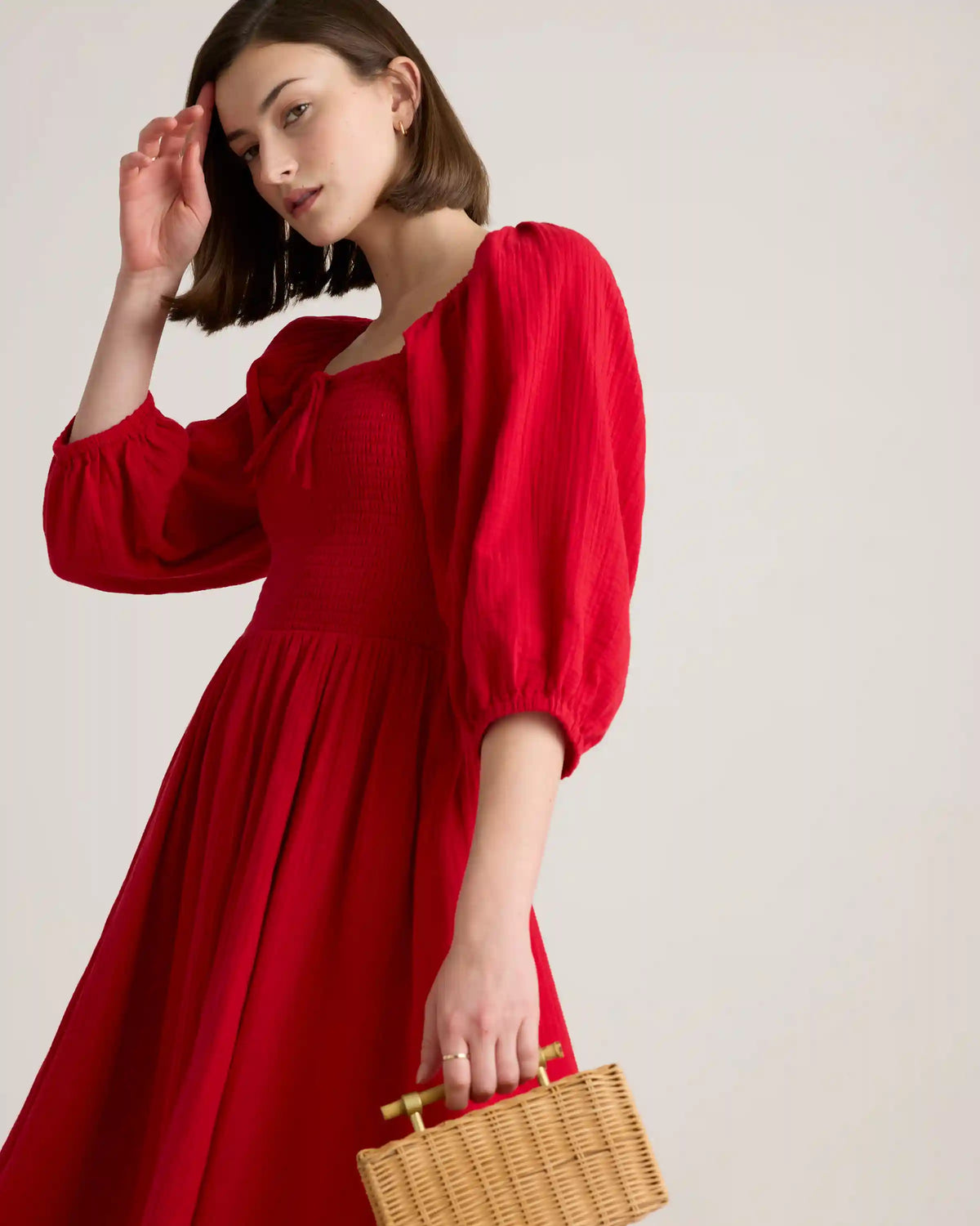 100% Organic Cotton Gauze Smocked Square Neck Midi Dress