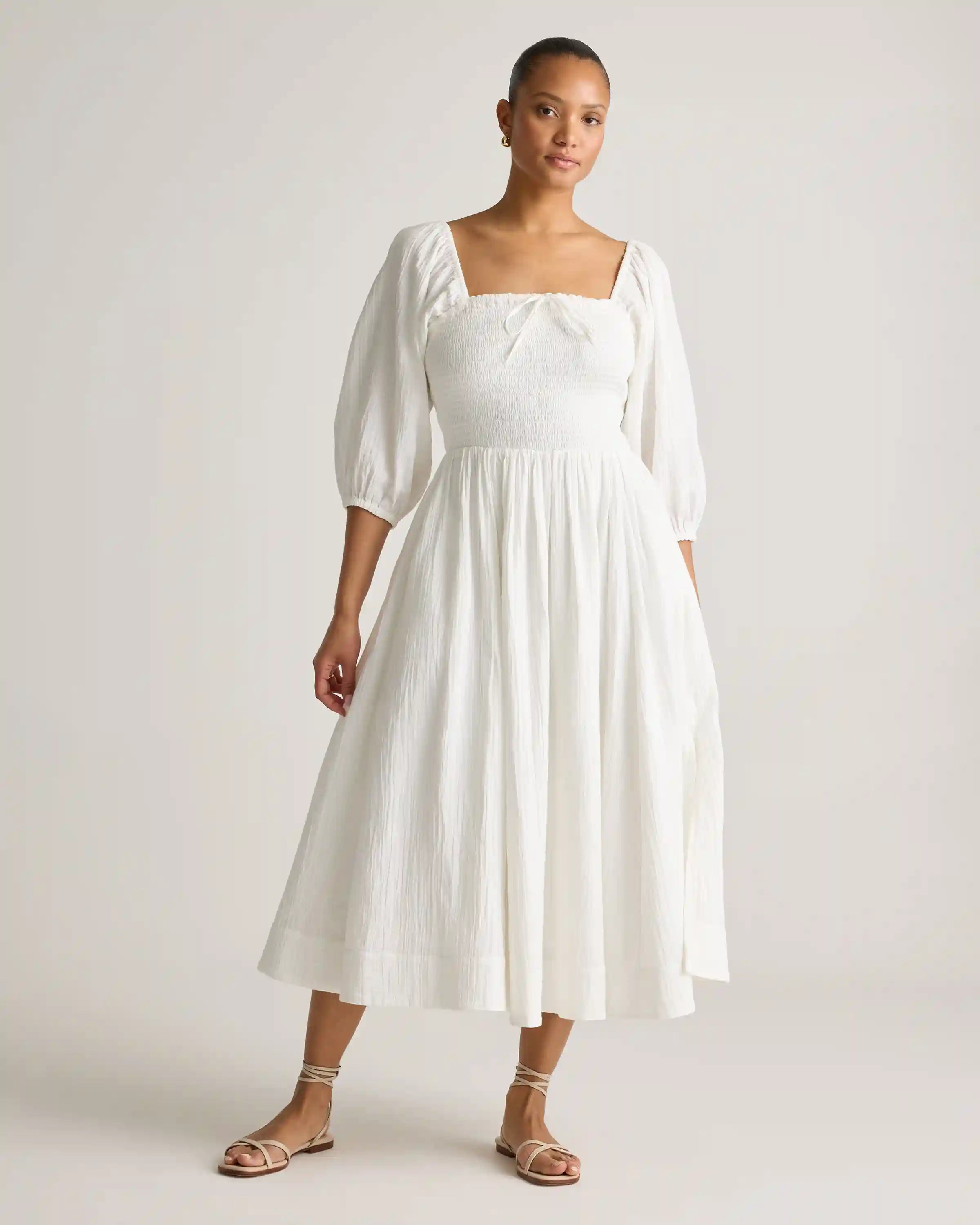 100% Organic Cotton Gauze Smocked Square Neck Midi Dress