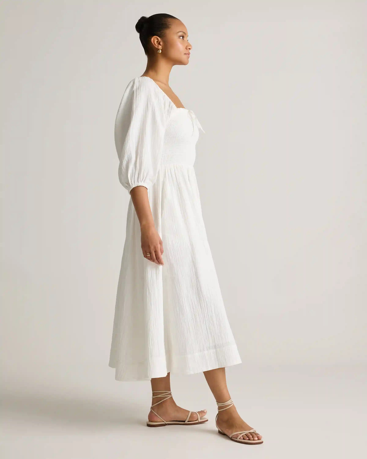 100% Organic Cotton Gauze Smocked Square Neck Midi Dress