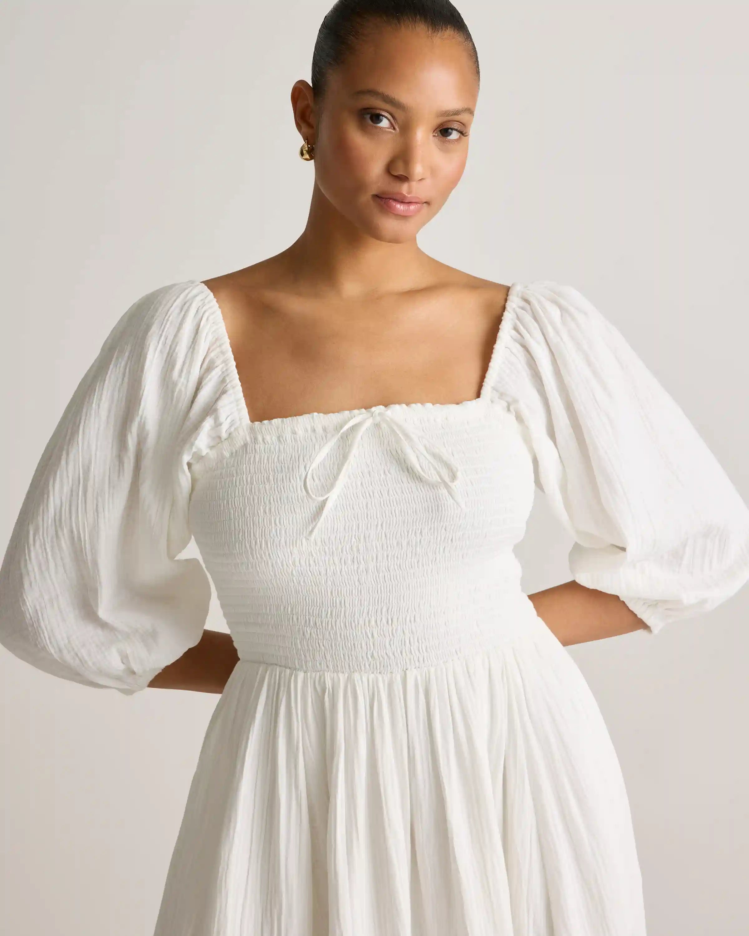 100% Organic Cotton Gauze Smocked Square Neck Midi Dress