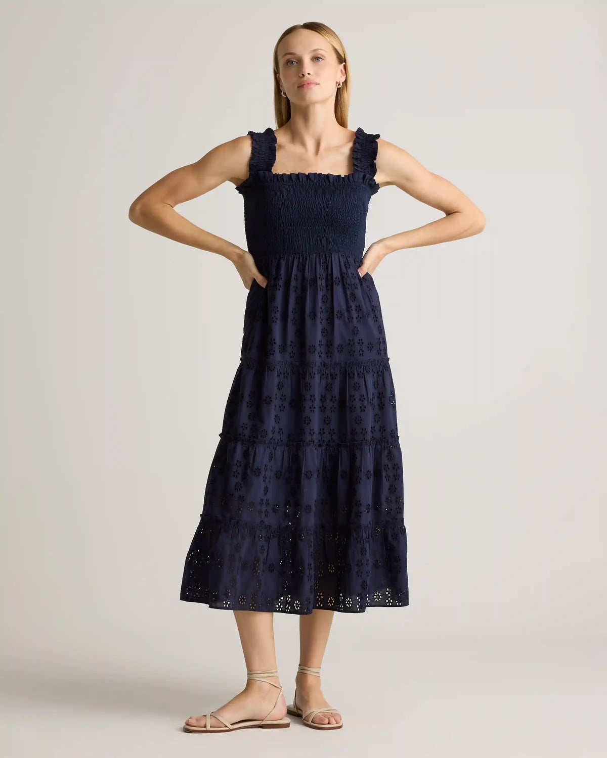 100% Organic Cotton Eyelet Smocked Midi Dress