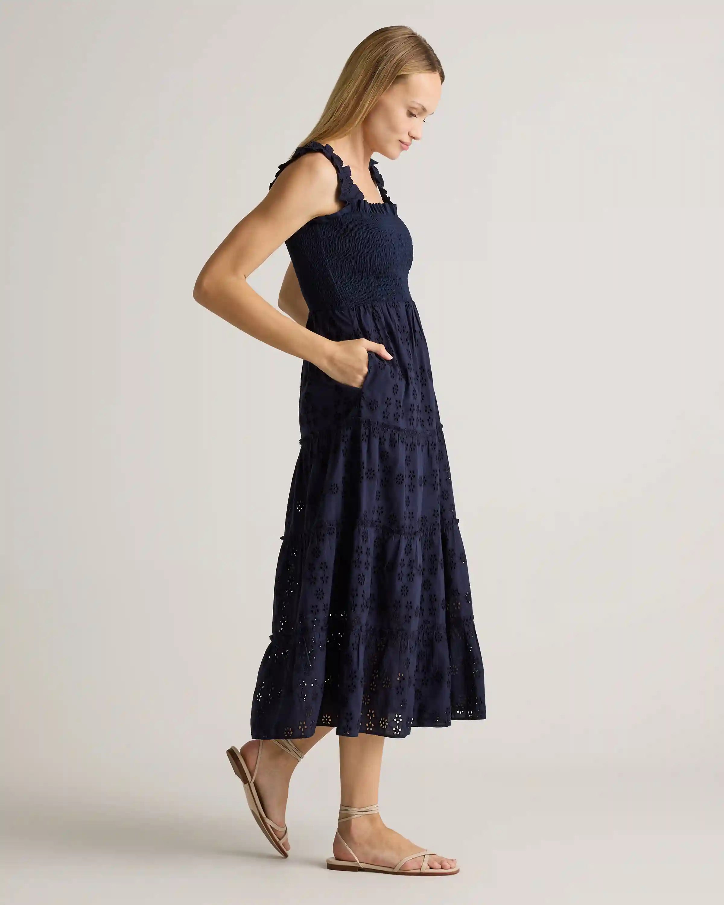 100% Organic Cotton Eyelet Smocked Midi Dress