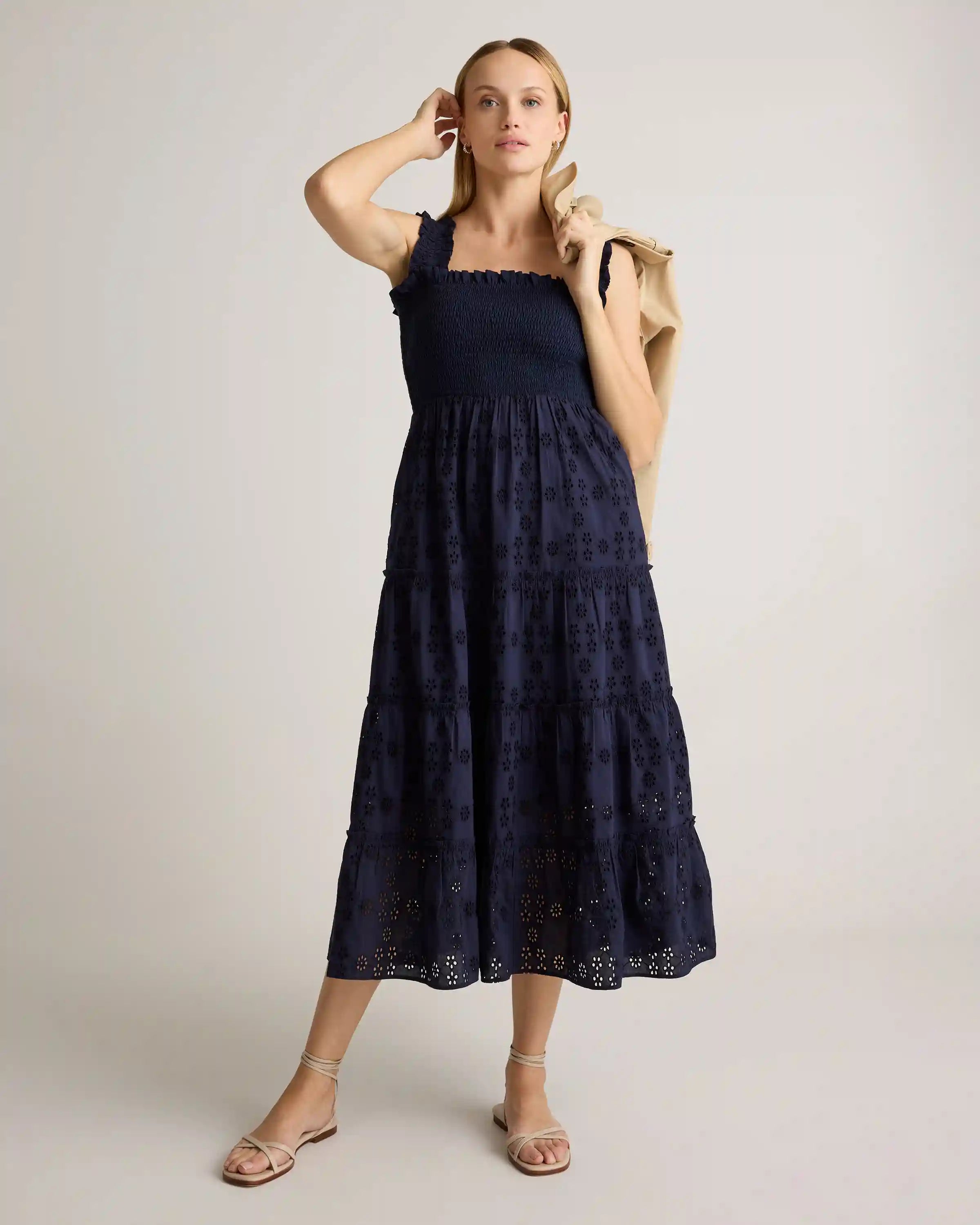 100% Organic Cotton Eyelet Smocked Midi Dress