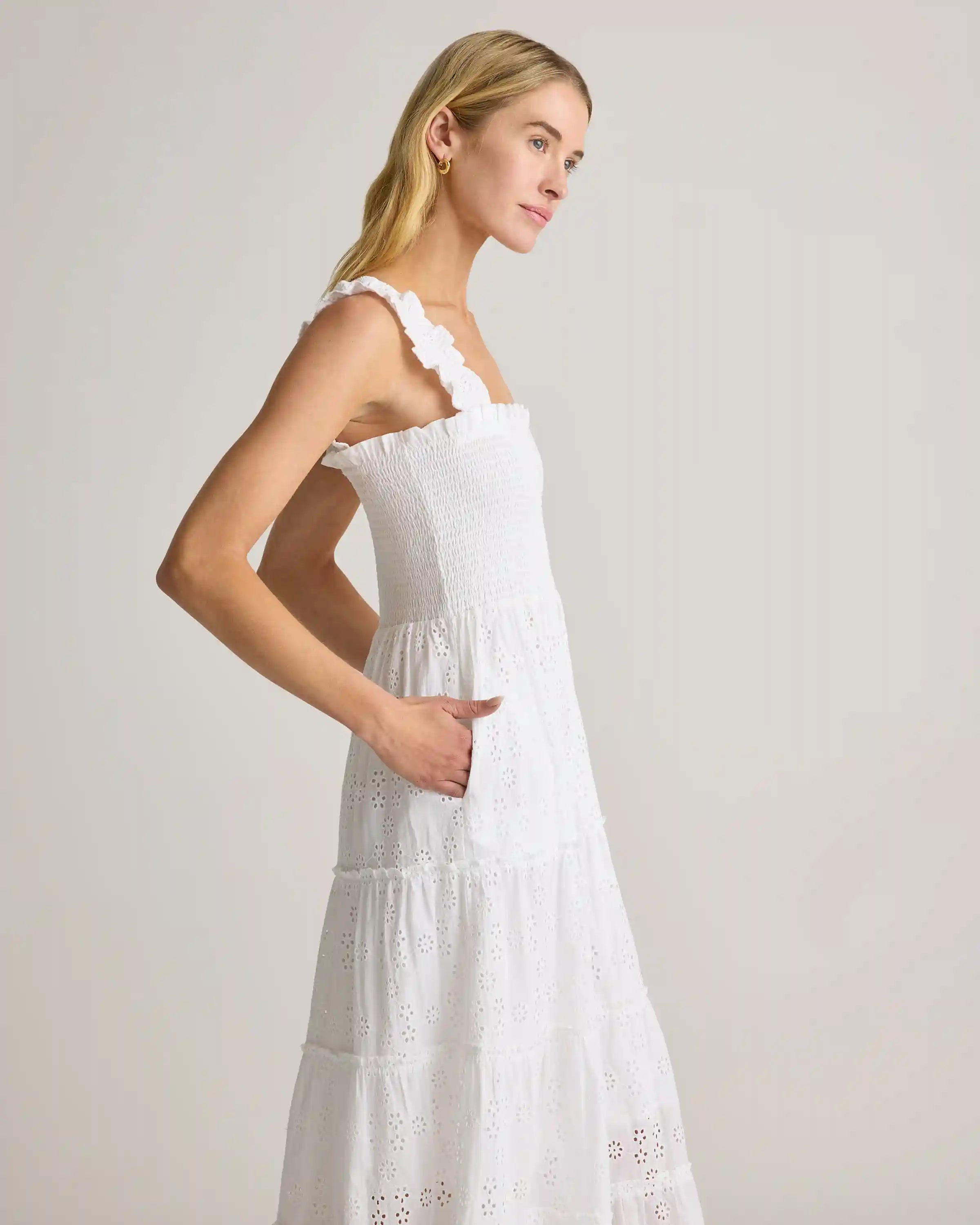 100% Organic Cotton Eyelet Smocked Midi Dress