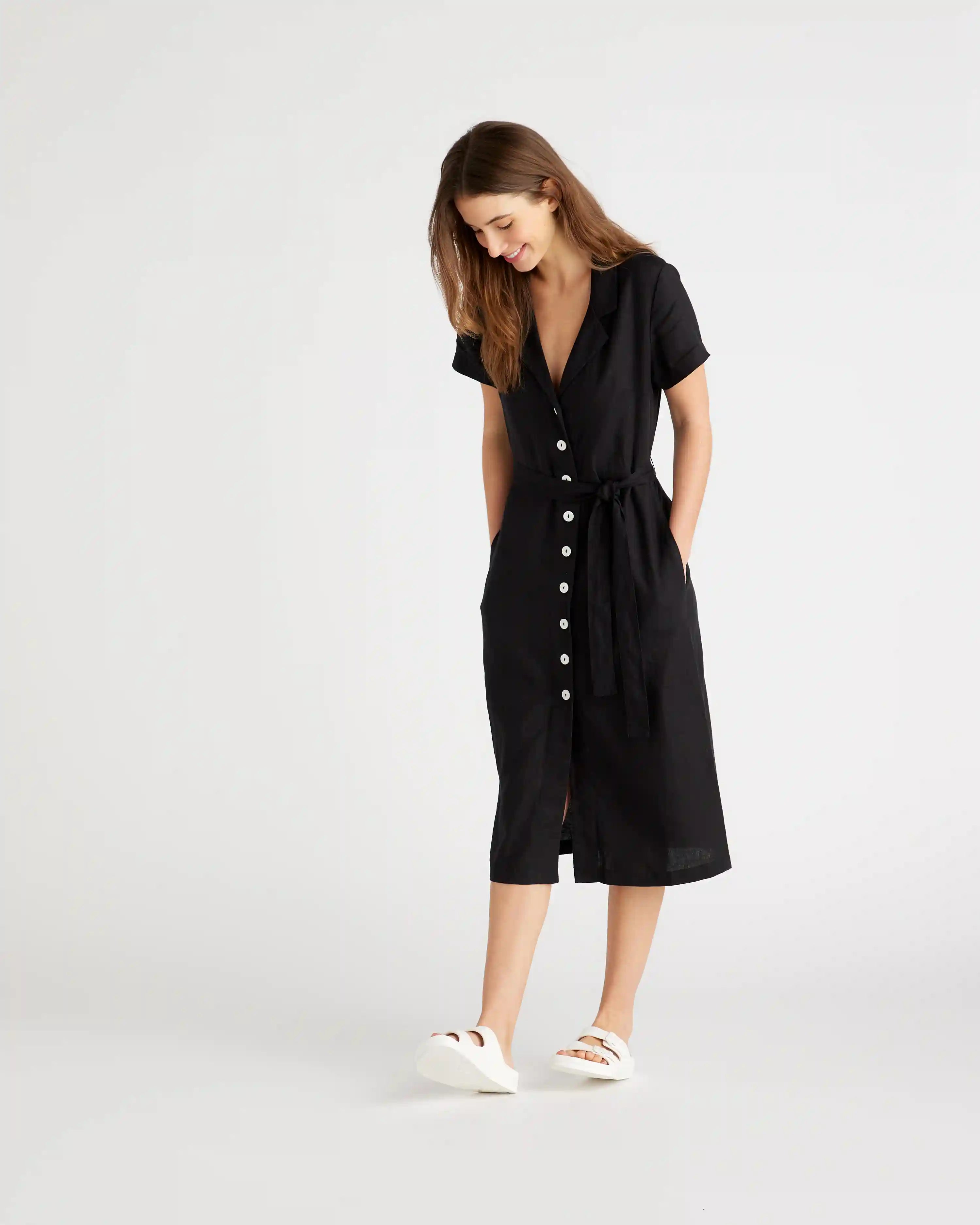 100% European Linen Button Front Dress