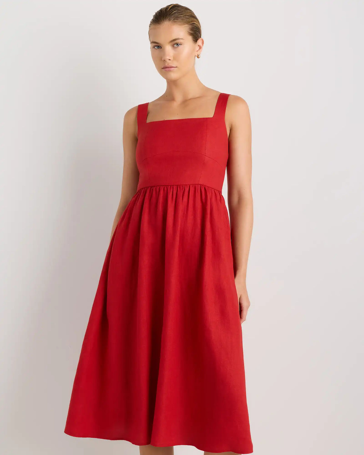 100% European Linen Fit & Flare Midi Dress