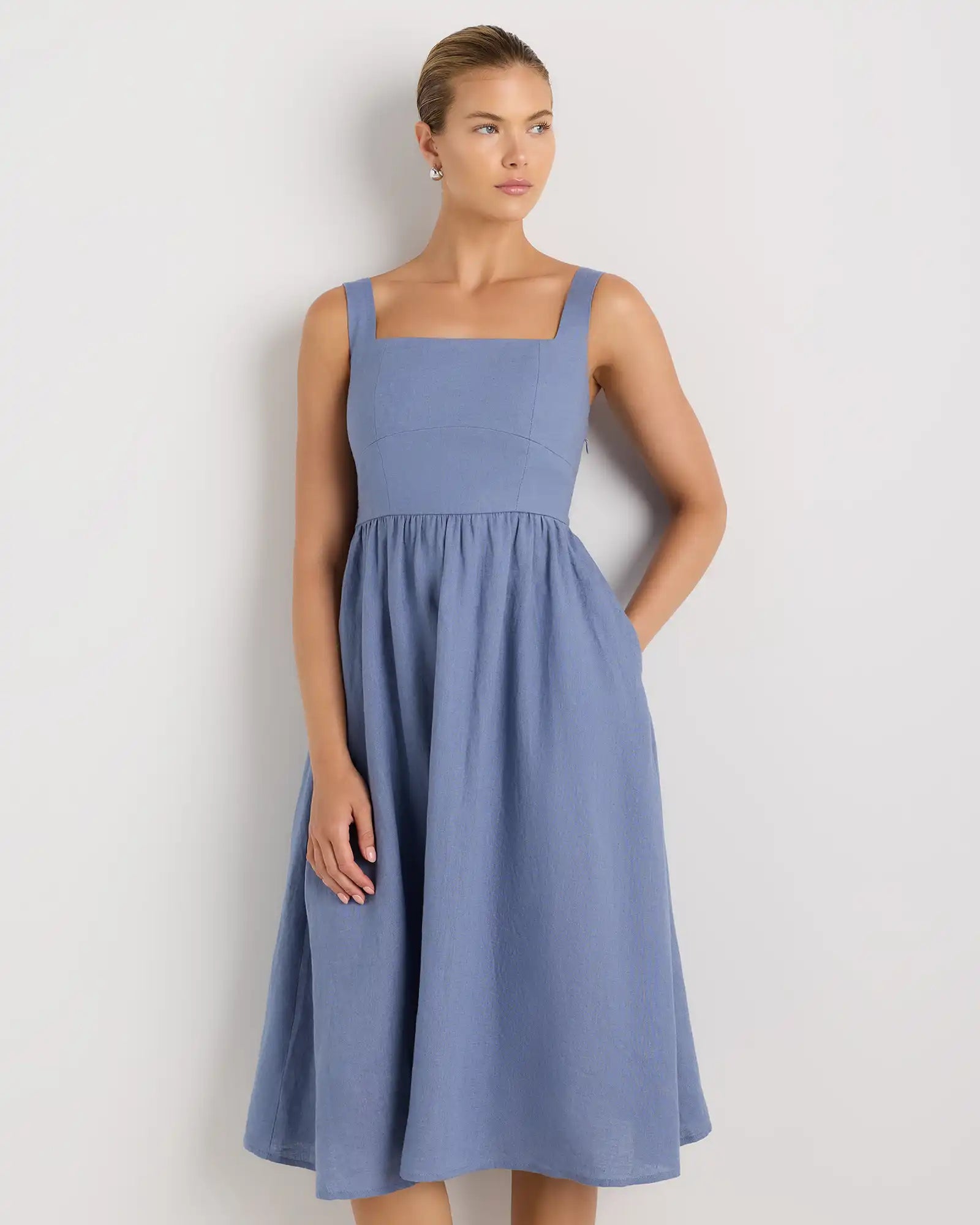 100% European Linen Fit & Flare Midi Dress