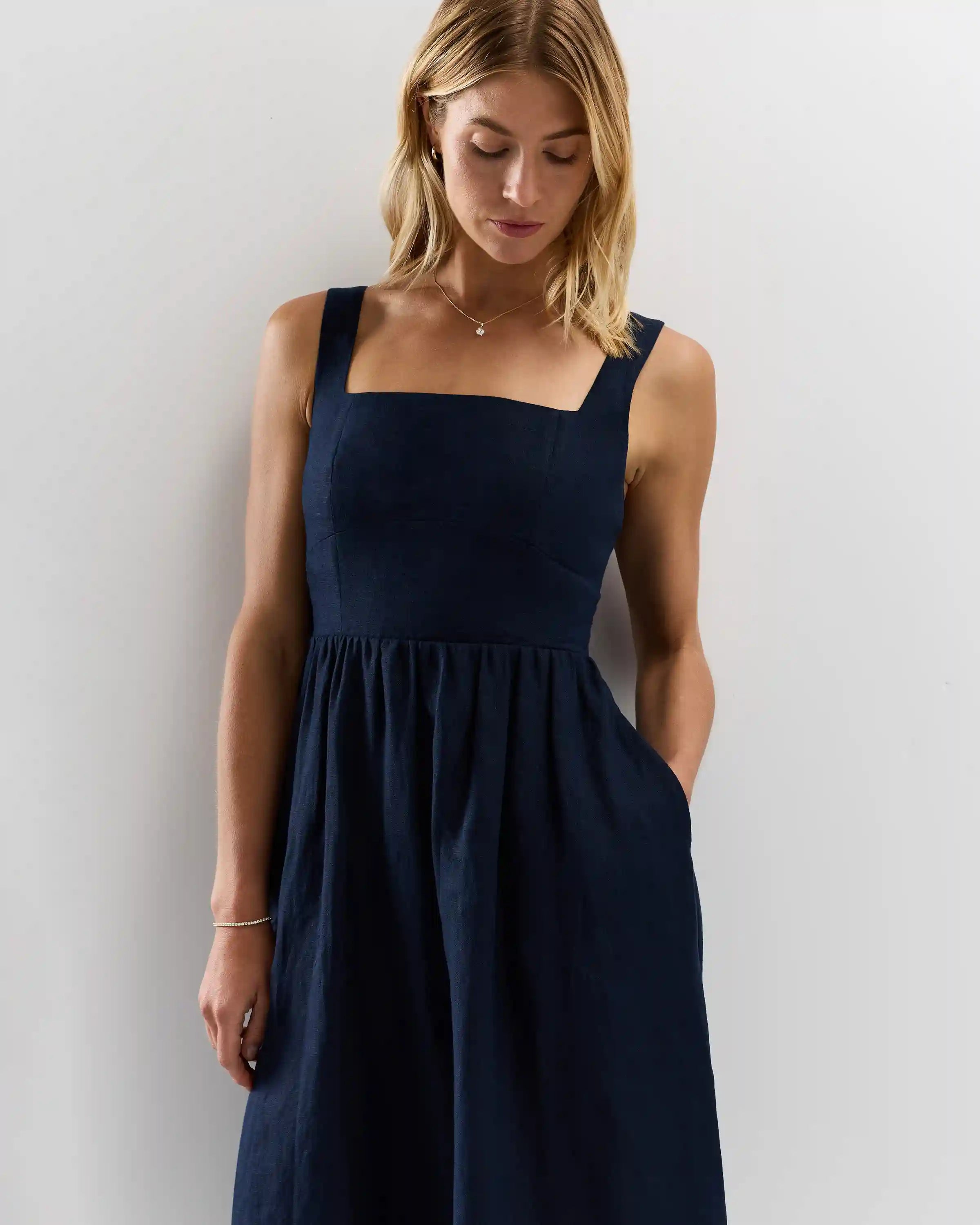 100% European Linen Fit & Flare Midi Dress