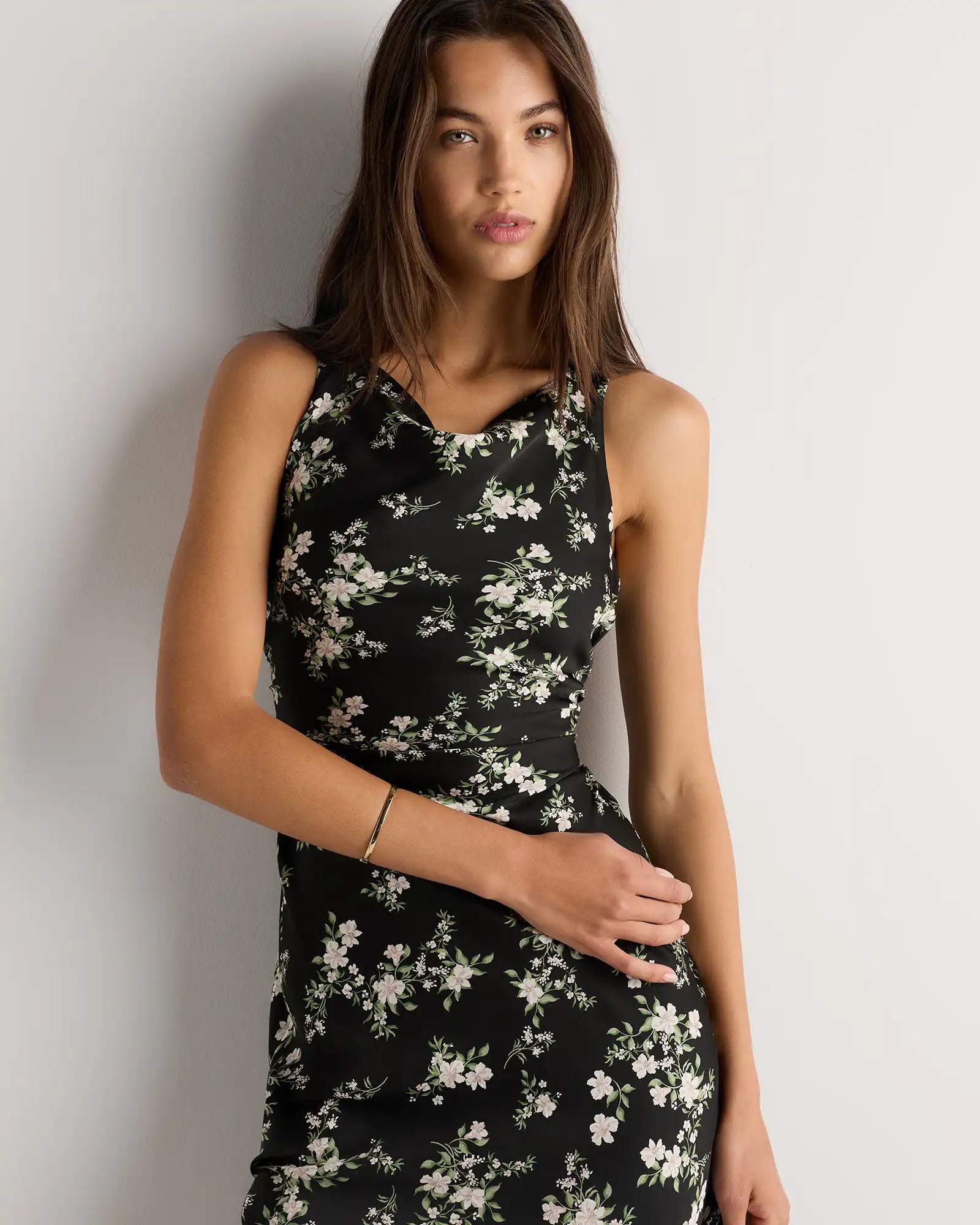 Washable Stretch Silk High Neck Midi Dress
