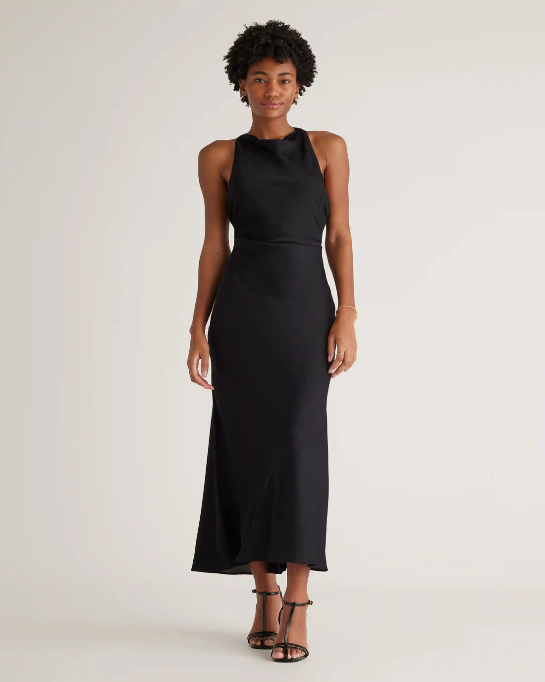Washable Stretch Silk High Neck Midi Dress