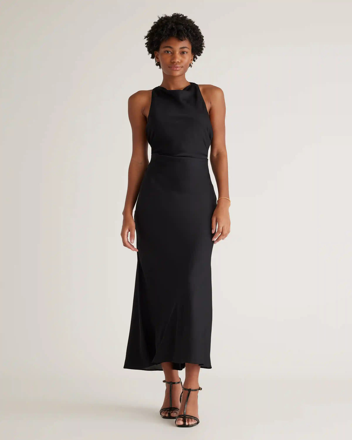Washable Stretch Silk High Neck Midi Dress