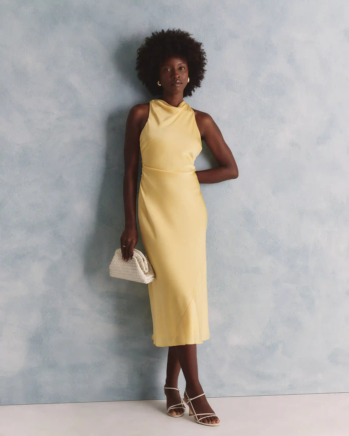 Washable Stretch Silk High Neck Midi Dress