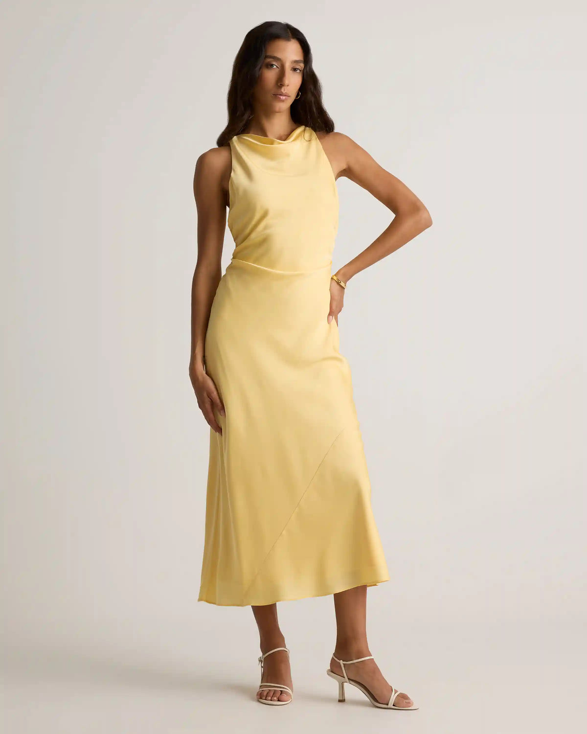 Washable Stretch Silk High Neck Midi Dress