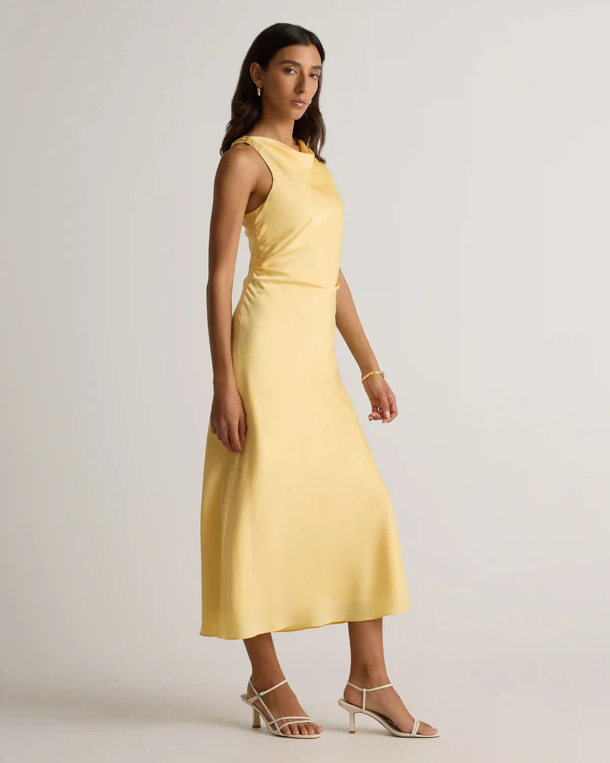 Washable Stretch Silk High Neck Midi Dress