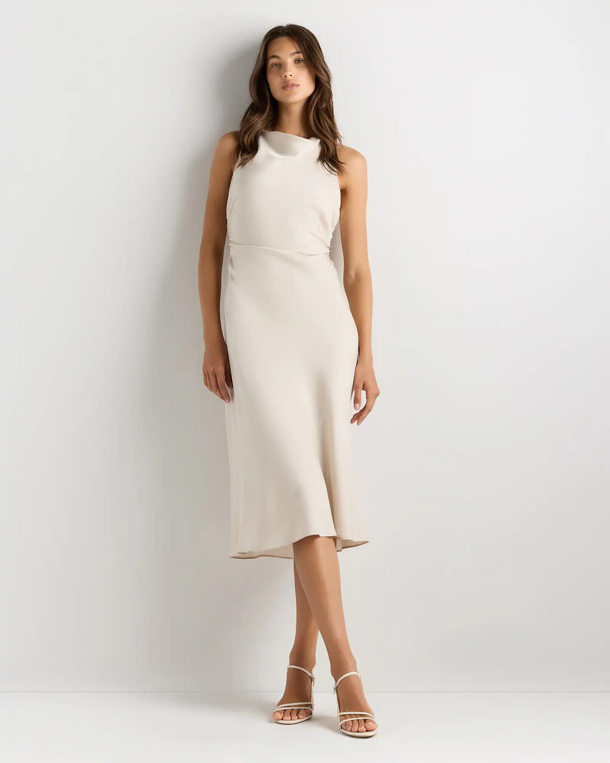 Washable Stretch Silk High Neck Midi Dress