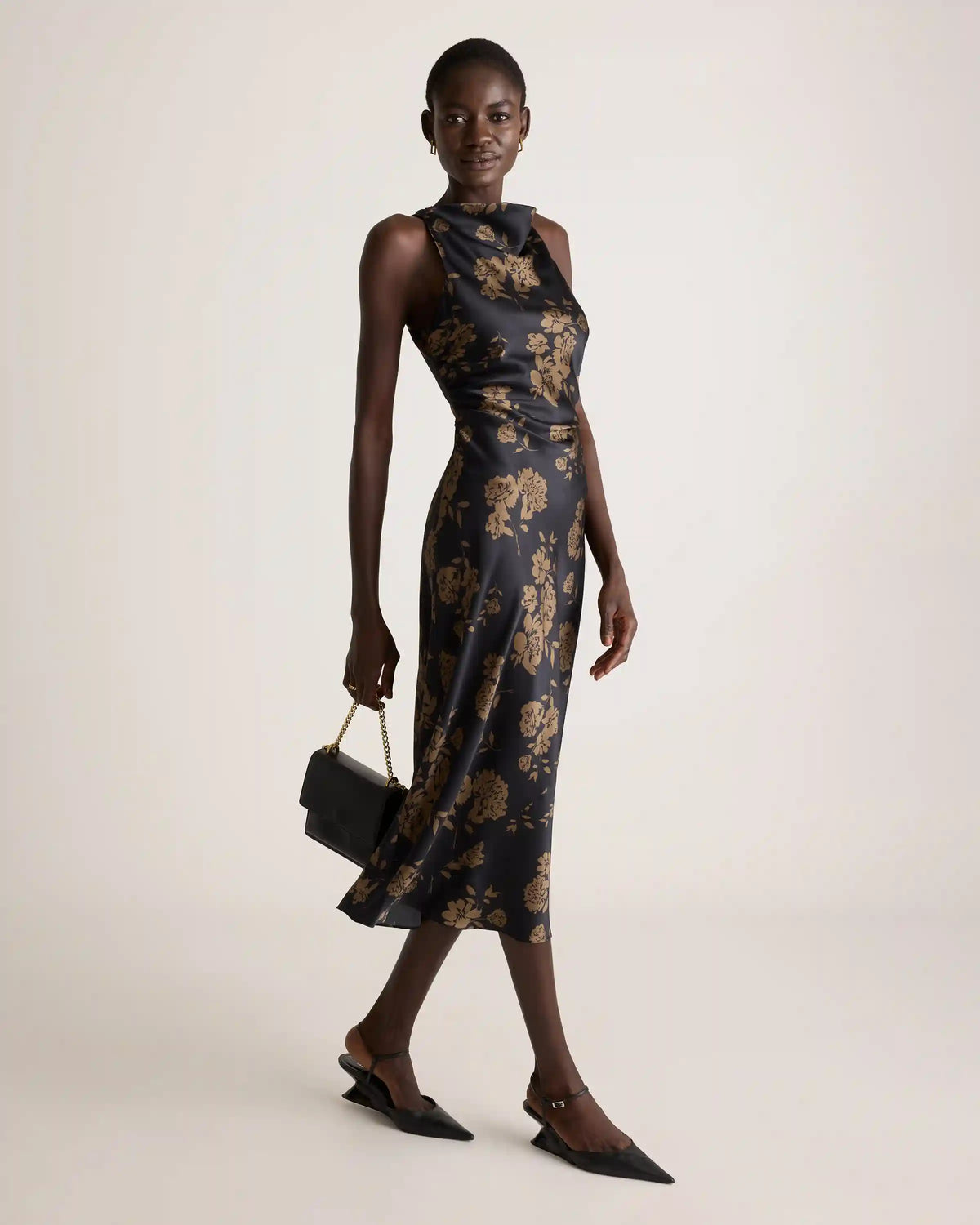 Washable Stretch Silk High Neck Midi Dress
