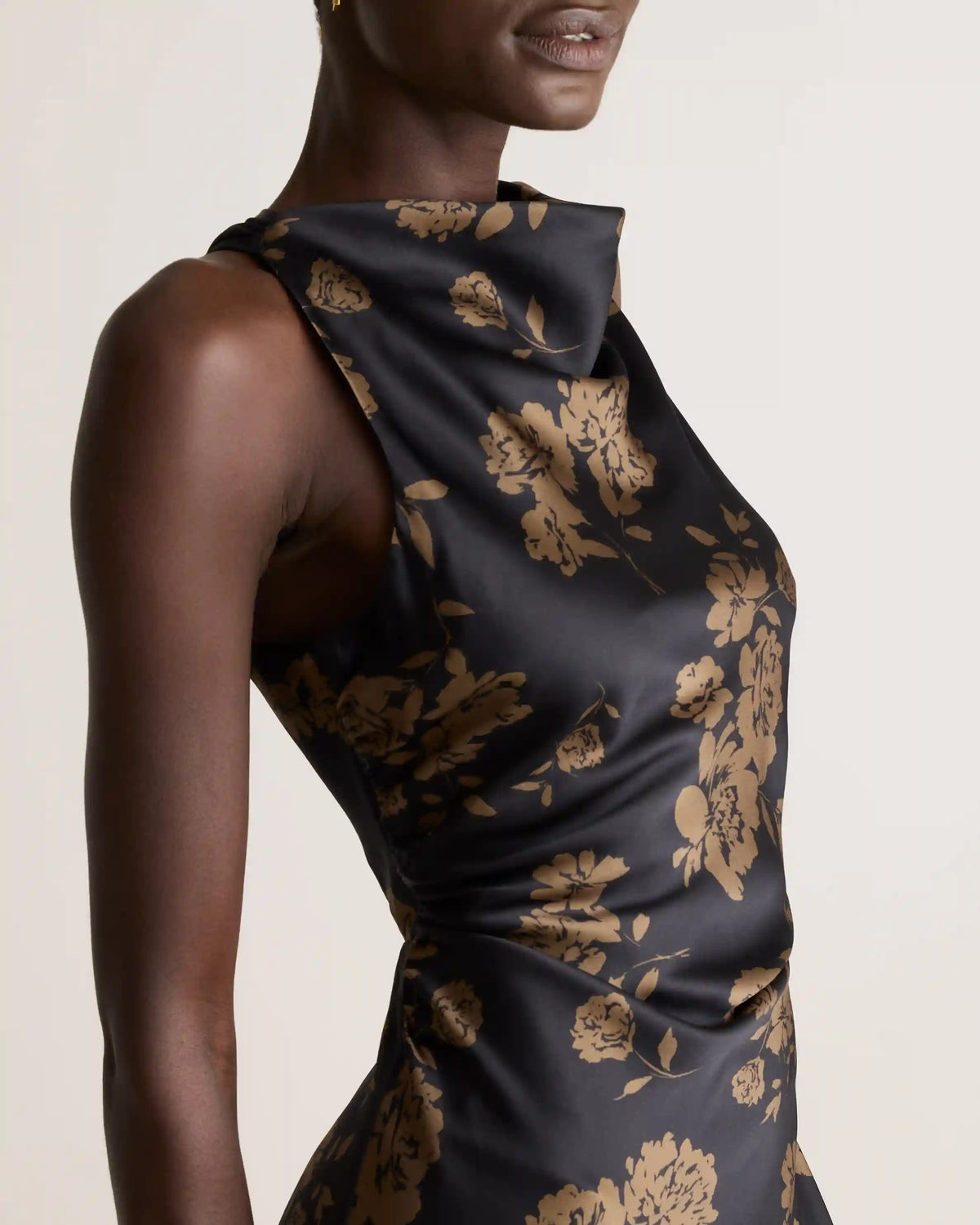 Washable Stretch Silk High Neck Midi Dress