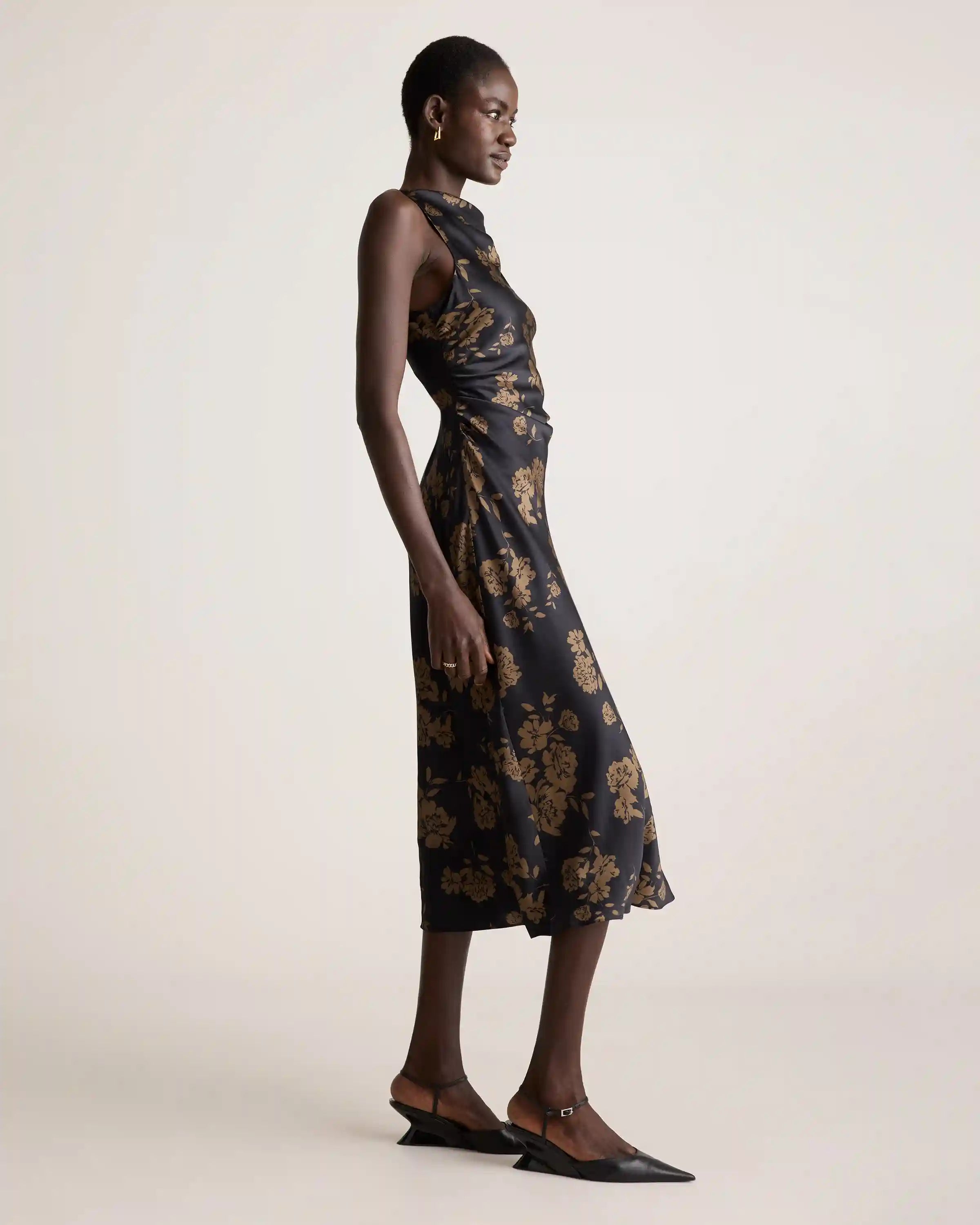 Washable Stretch Silk High Neck Midi Dress