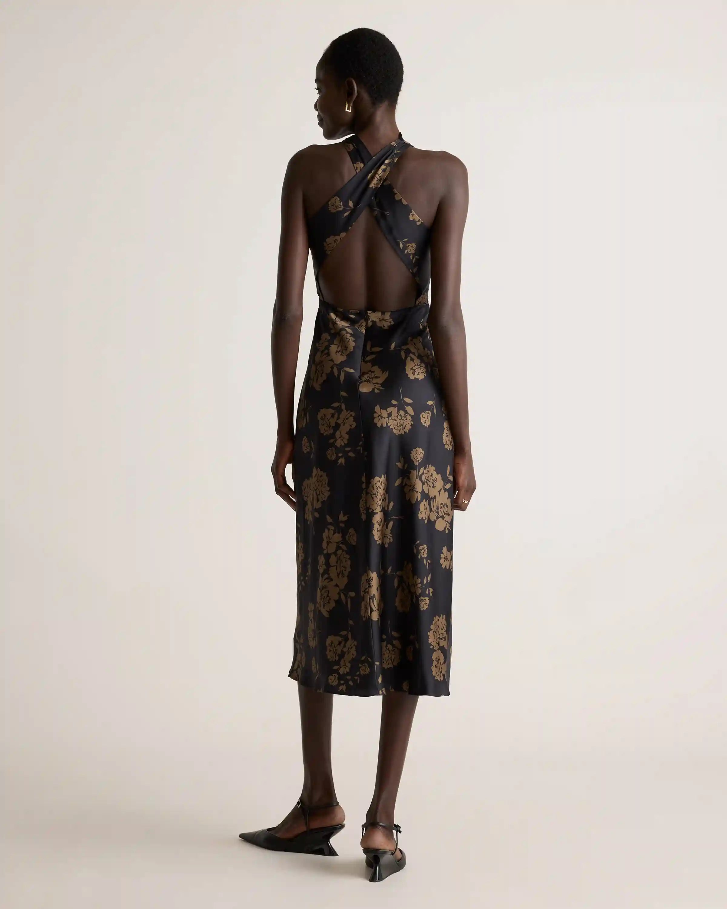 Washable Stretch Silk High Neck Midi Dress